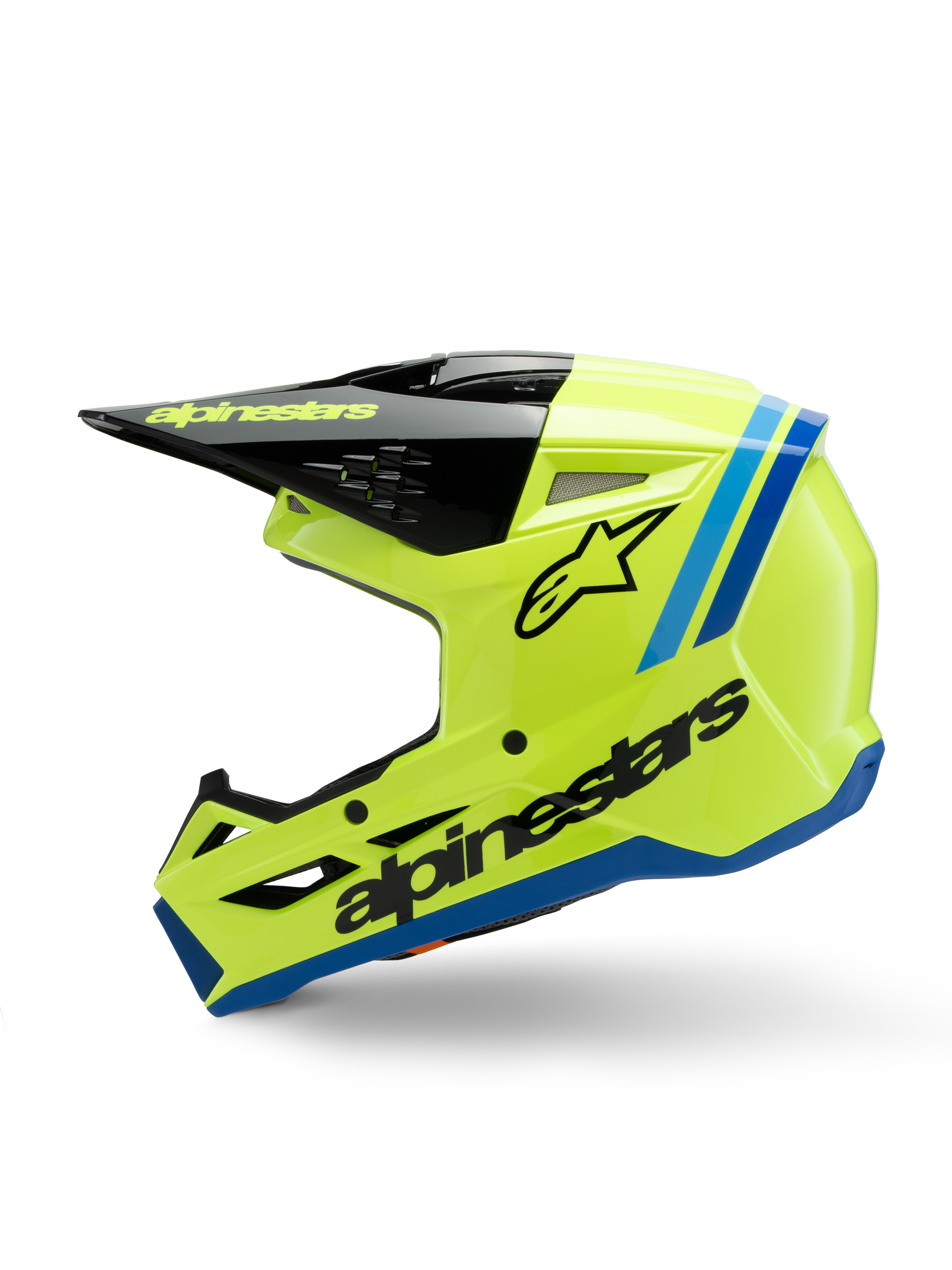 Alpinestars S-M3 Youth Radium Helmet, casco de motocross, amarillo fluorescente brillante con detalles en azul y negro, con logotipos destacados de Alpinestars, perfil aerodinámico estilizado para carreras off-road juveniles