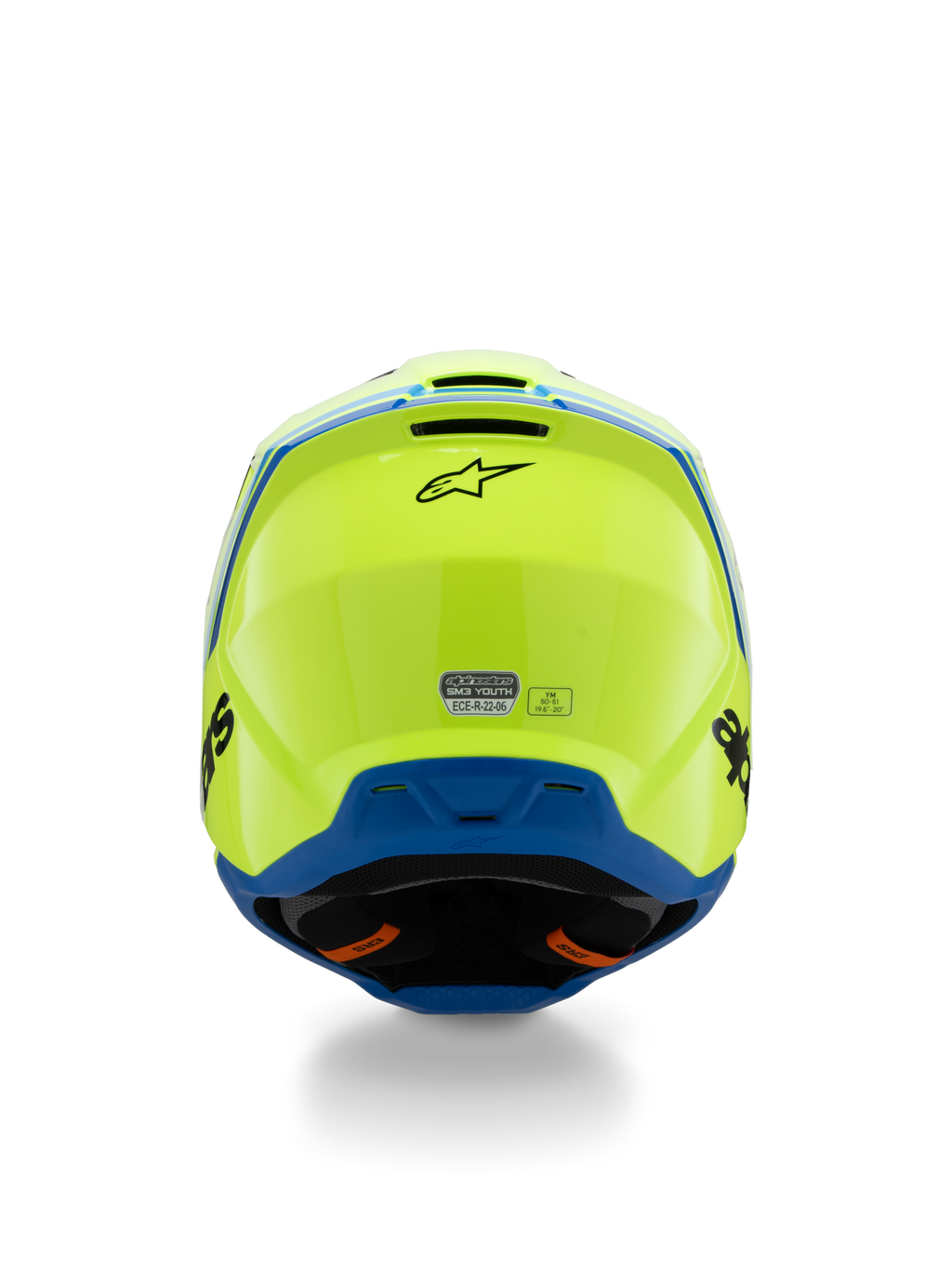 Alpinestars S-M3 Youth Radium Helmet ECE 22.06, casco de motocross, amarillo flúor y azul, vista trasera con el logo de Alpinestars en negro y la pegatina de certificación ECE, diseño de calota aerodinámica para competición juvenil fuera de carretera