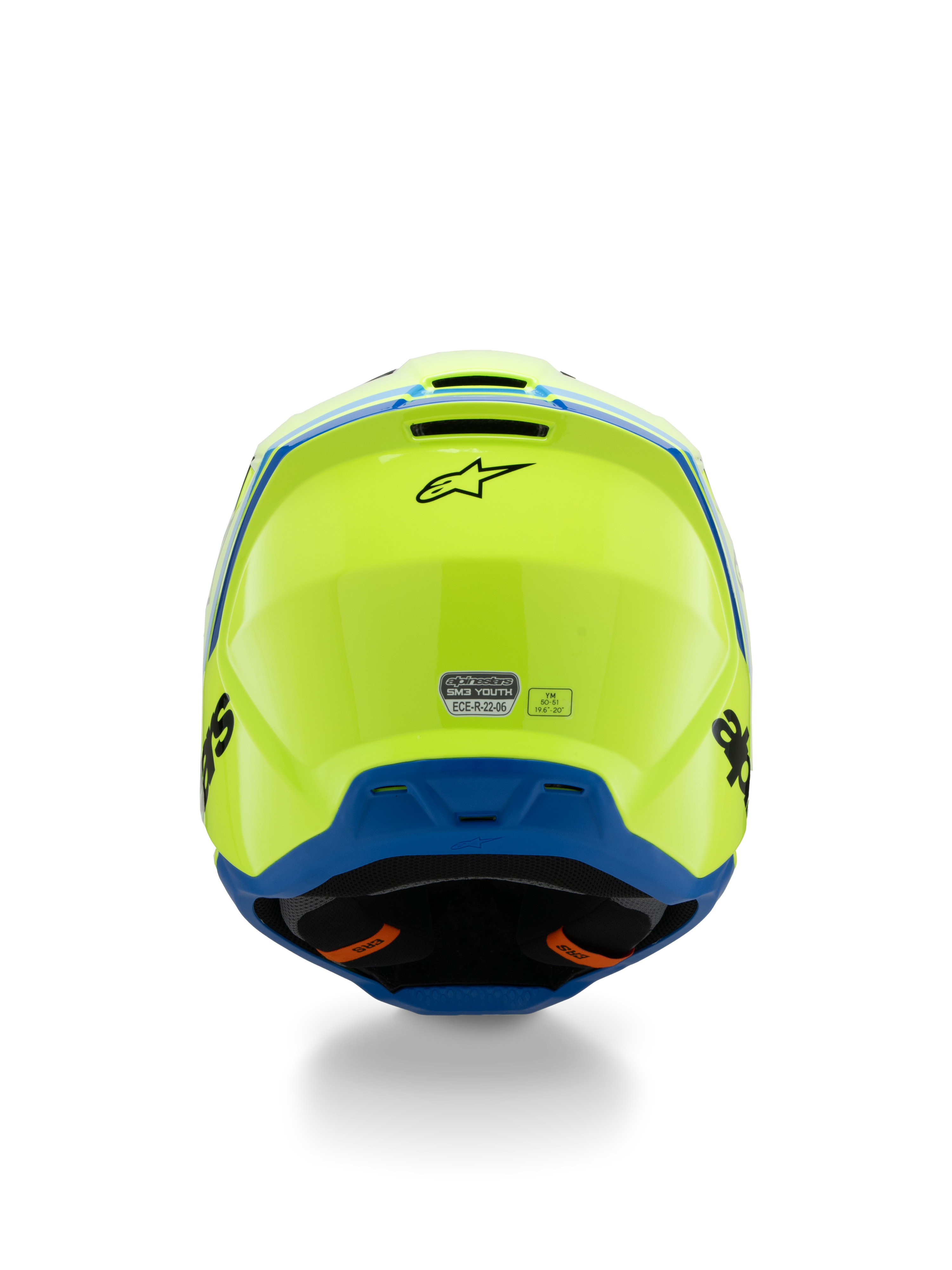 Alpinestars S-M3 Youth Radium Helmet ECE 22.06, casco de motocross, amarillo flúor y azul, vista trasera con el logo de Alpinestars en negro y la pegatina de certificación ECE, diseño de calota aerodinámica para competición juvenil fuera de carretera