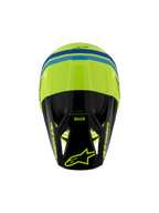 Casco Alpinestars S-M3 Youth Radium ECE 22.06, casco de motocross, amarillo flúor, negro y azul, vista superior que muestra la calota aerodinámica, marca SM3 en la visera negra y logotipos llamativos de Alpinestars