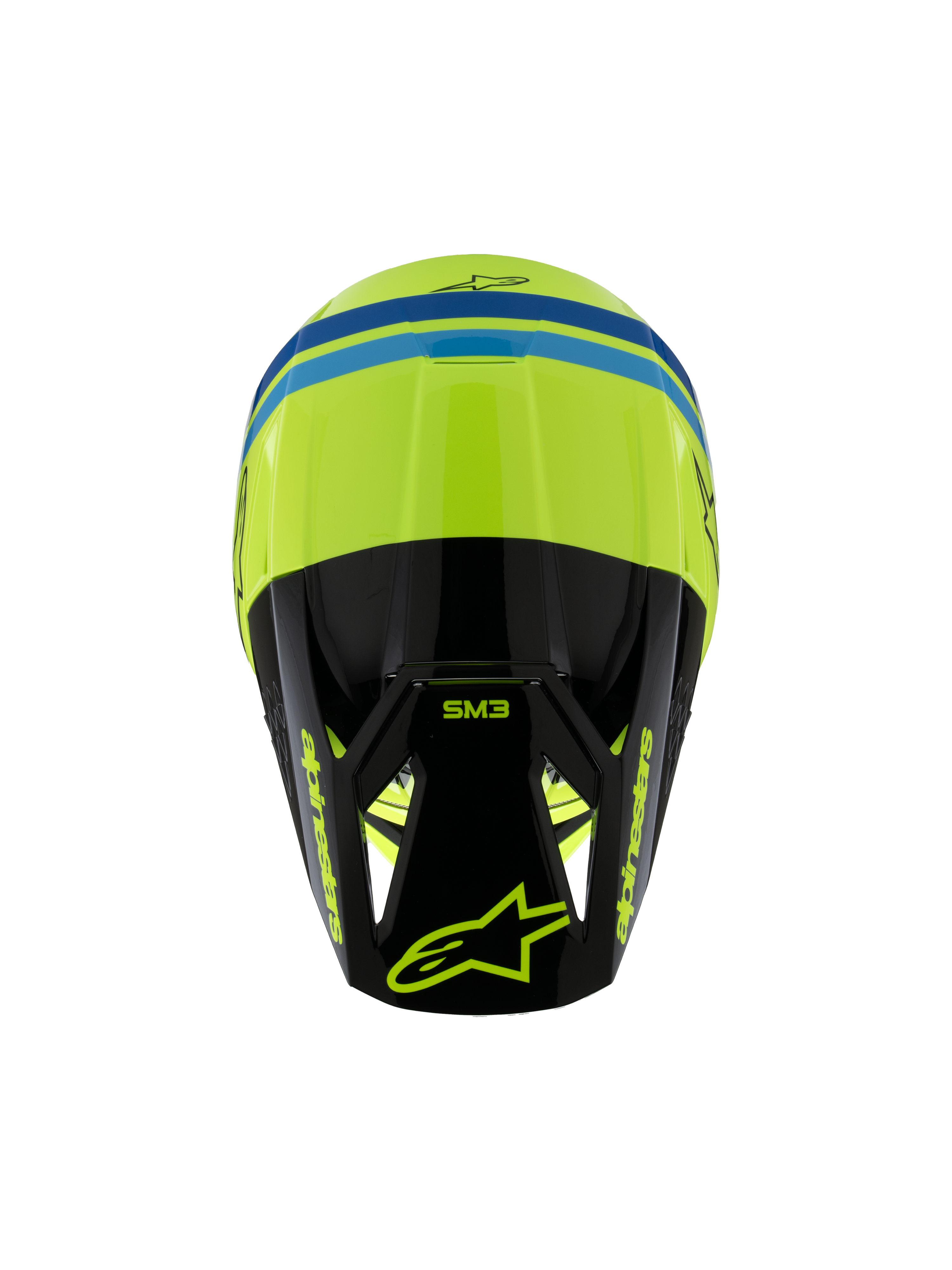 Casco Alpinestars S-M3 Youth Radium ECE 22.06, casco de motocross, amarillo flúor, negro y azul, vista superior que muestra la calota aerodinámica, marca SM3 en la visera negra y logotipos llamativos de Alpinestars