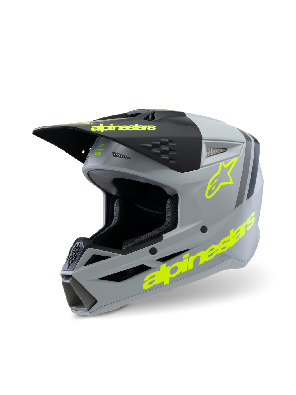 Alpinestars S-M3 Youth Radium Helmet ECE 22.06, casco de motocross, gris mate y negro con detalles en amarillo flúor, con logotipos llamativos de Alpinestars y el logo de la estrella, equipo de protección off-road juvenil