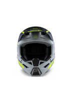 Casco Alpinestars S-M3 Juvenil Radium, casco de motocross, gris, negro y amarillo flúor mate, vista frontal con una calota angular agresiva, logotipos amarillos vibrantes en los laterales y la visera, acabado mate diseñado para carreras juveniles de motocross y off-road