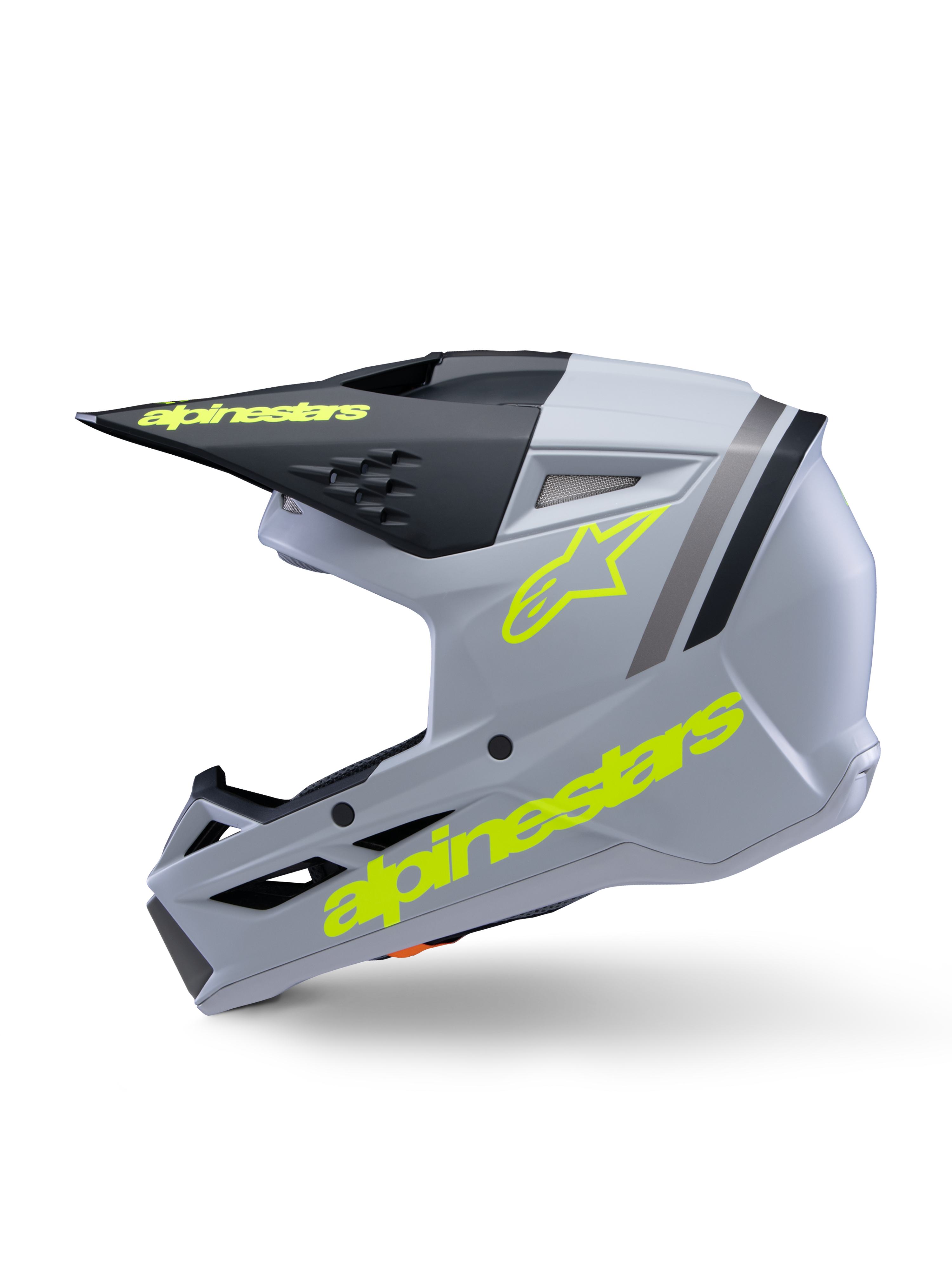 Casco Alpinestars S-M3 Juvenil Radium ECE 22.06, casco de motocross, gris, negro y amarillo flúor mate, vista lateral con logotipos Alpinestars en amarillo fluorescente y visera negra, equipo de protección aerodinámico para jóvenes pilotos
