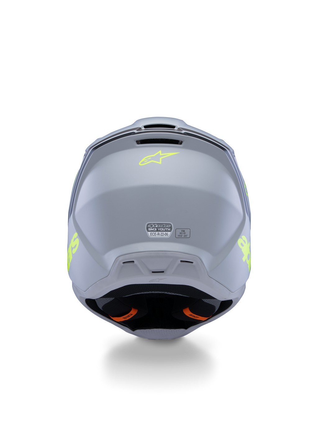 Casco Alpinestars S-M3 Youth Radium ECE 22.06, gris, negro y amarillo flúor mate, vista trasera que muestra los puertos de ventilación y etiquetas de certificación, logotipo de estrella amarillo fluorescente, diseño de calota aerodinámica para motocross y carreras off-road