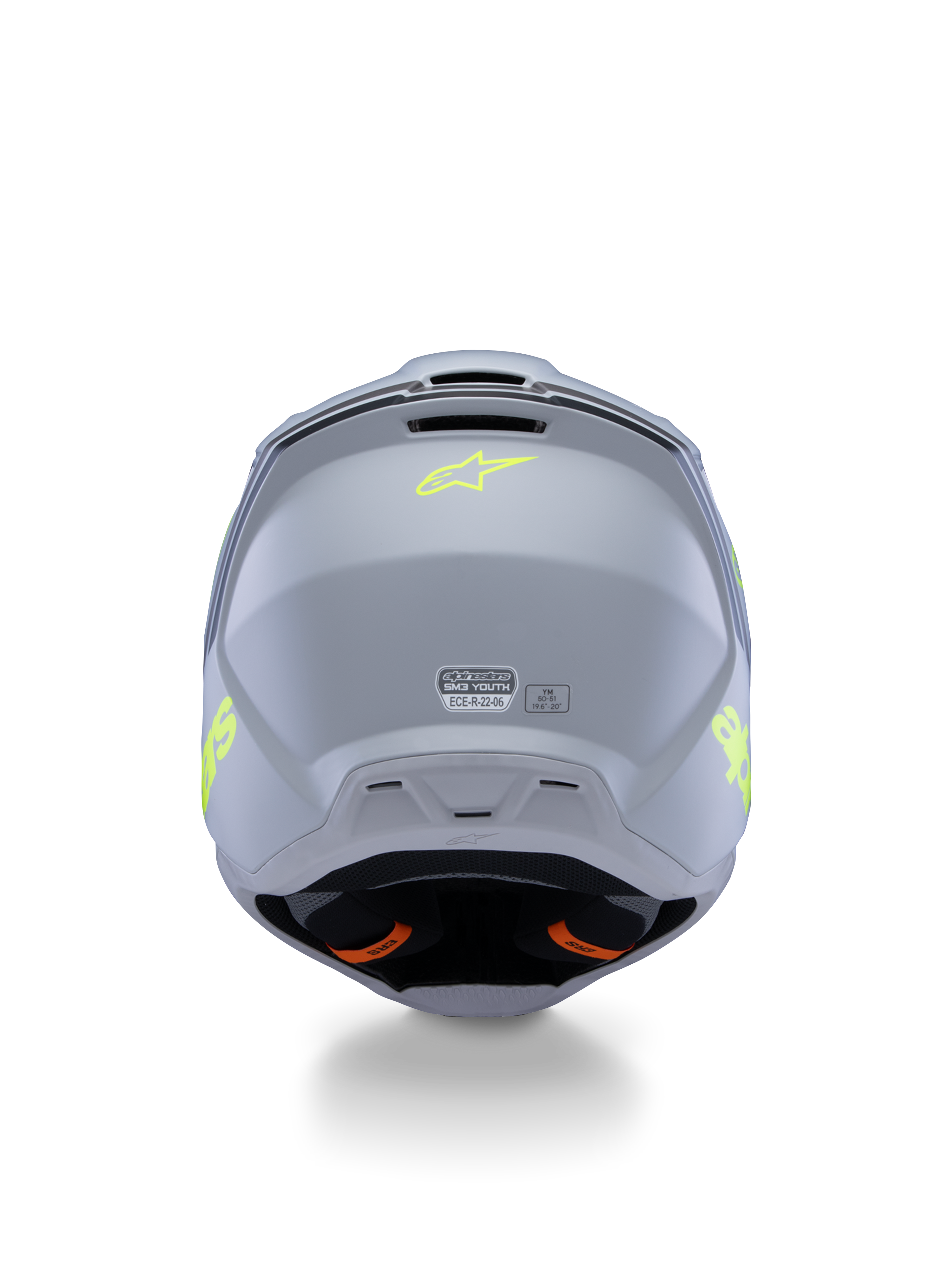 Casco Alpinestars S-M3 Youth Radium ECE 22.06, gris, negro y amarillo flúor mate, vista trasera que muestra los puertos de ventilación y etiquetas de certificación, logotipo de estrella amarillo fluorescente, diseño de calota aerodinámica para motocross y carreras off-road