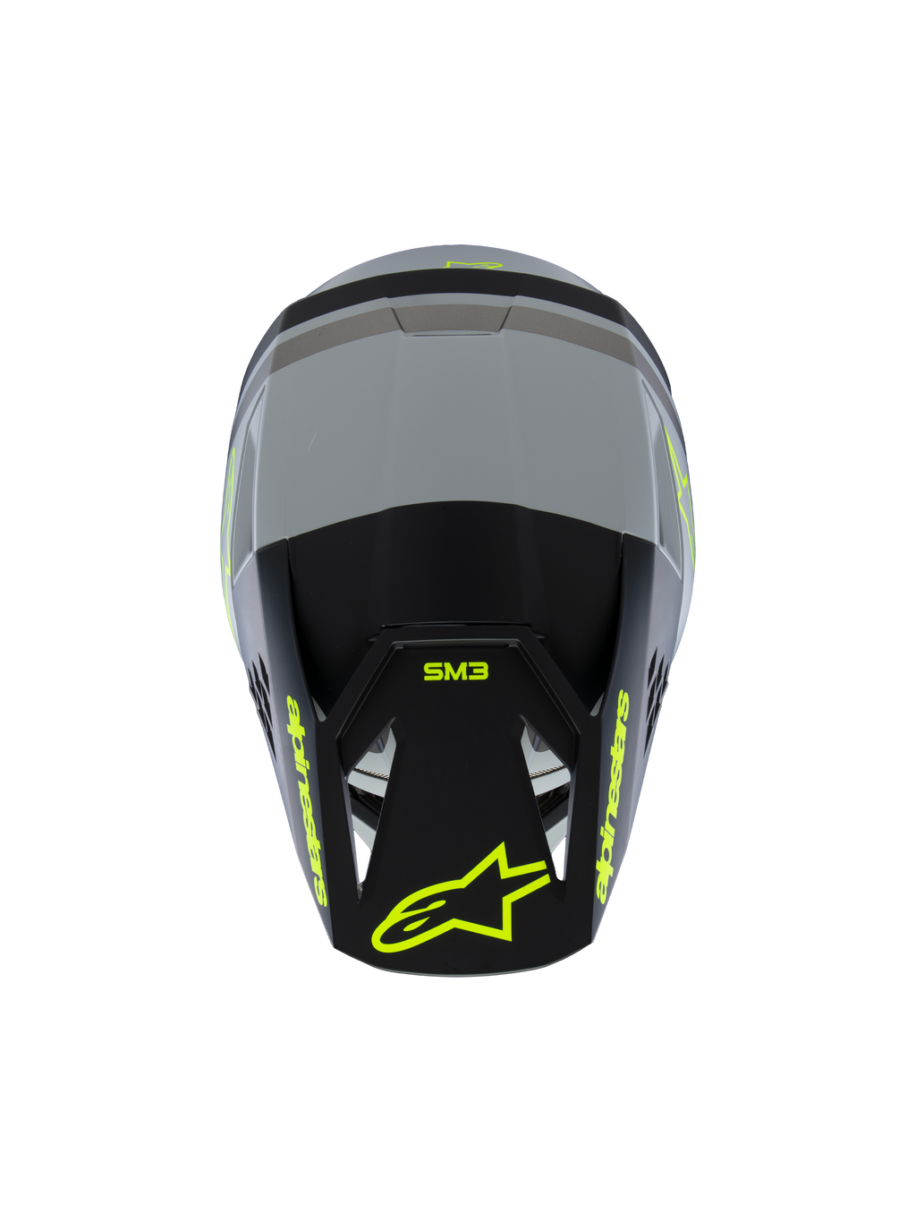 Alpinestars S-M3 Youth Radium Helmet ECE 22.06, casco de motocross, gris mate y negro con detalles en amarillo flúor, vista superior que muestra el logotipo de Alpinestars y la marca SM3, protección de cabeza especializada para jóvenes pilotos de motocross