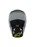 Alpinestars S-M3 Youth Radium Helmet ECE 22.06, casco de motocross, gris mate y negro con detalles en amarillo flúor, vista superior que muestra el logotipo de Alpinestars y la marca SM3, protección de cabeza especializada para jóvenes pilotos de motocross