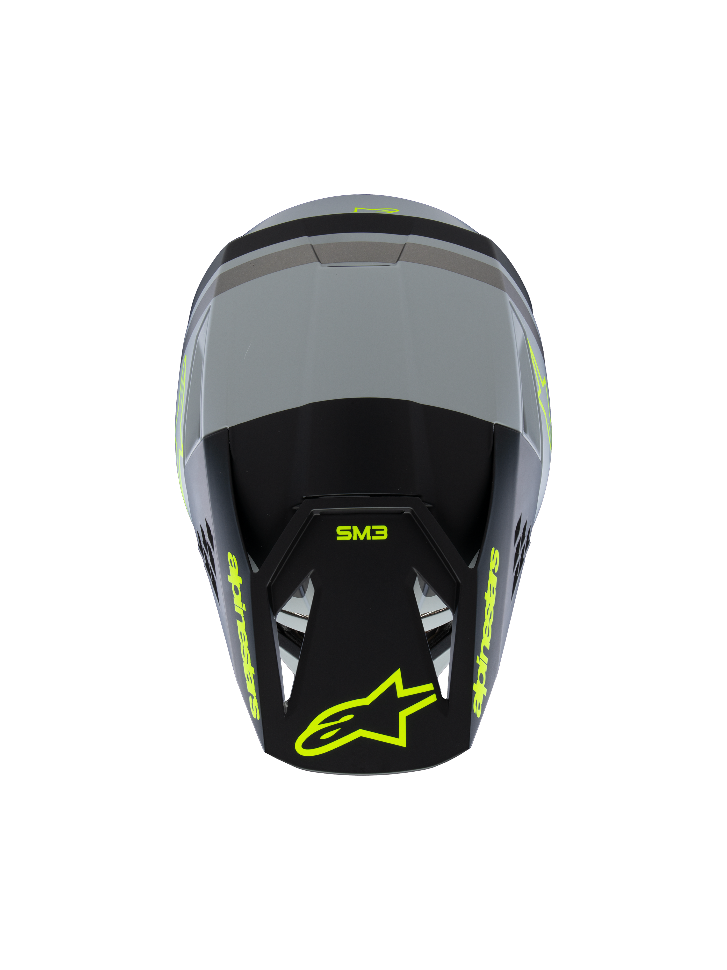 Alpinestars S-M3 Youth Radium Helmet ECE 22.06, casco de motocross, gris mate y negro con detalles en amarillo flúor, vista superior que muestra el logotipo de Alpinestars y la marca SM3, protección de cabeza especializada para jóvenes pilotos de motocross