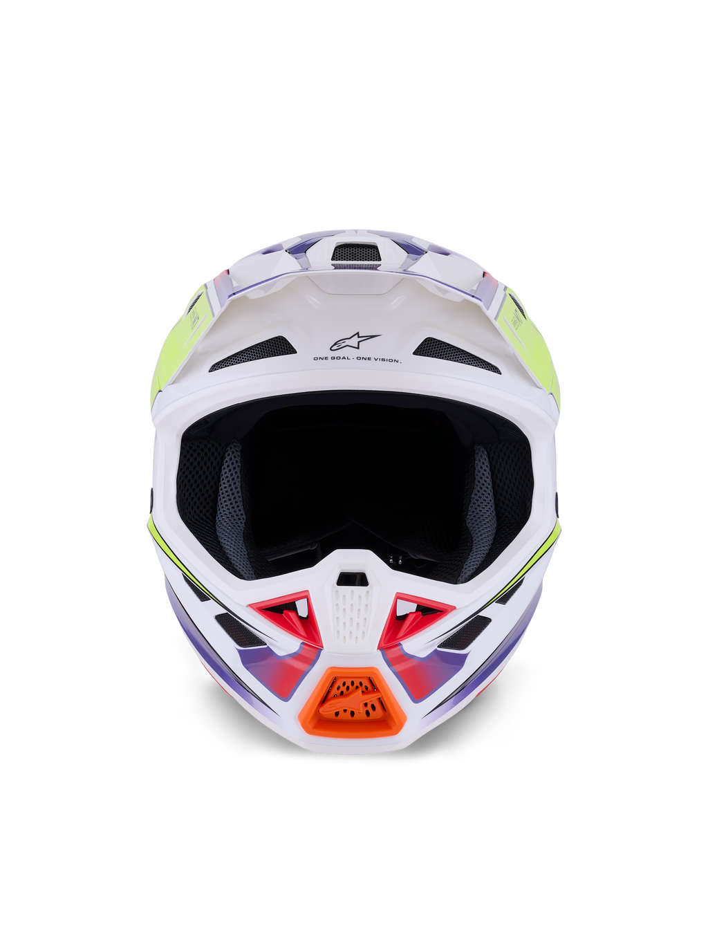 Alpinestars S-M7 Fuse Helmet, Motocross Helmet, White Yellow Fluo and Purple Glossy, front view featuring multiple air intake vents, aerodynamic composite shell, and orange chin guard detail.