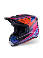Casco Alpinestars S-M7 Fuse, casco de motocross, azul, púrpura y rosa brillante, con gráficos multicolores vibrantes y detalles en naranja y negro, diseño de calota aerodinámica con múltiples tomas de aire, equipo profesional de competición off-road