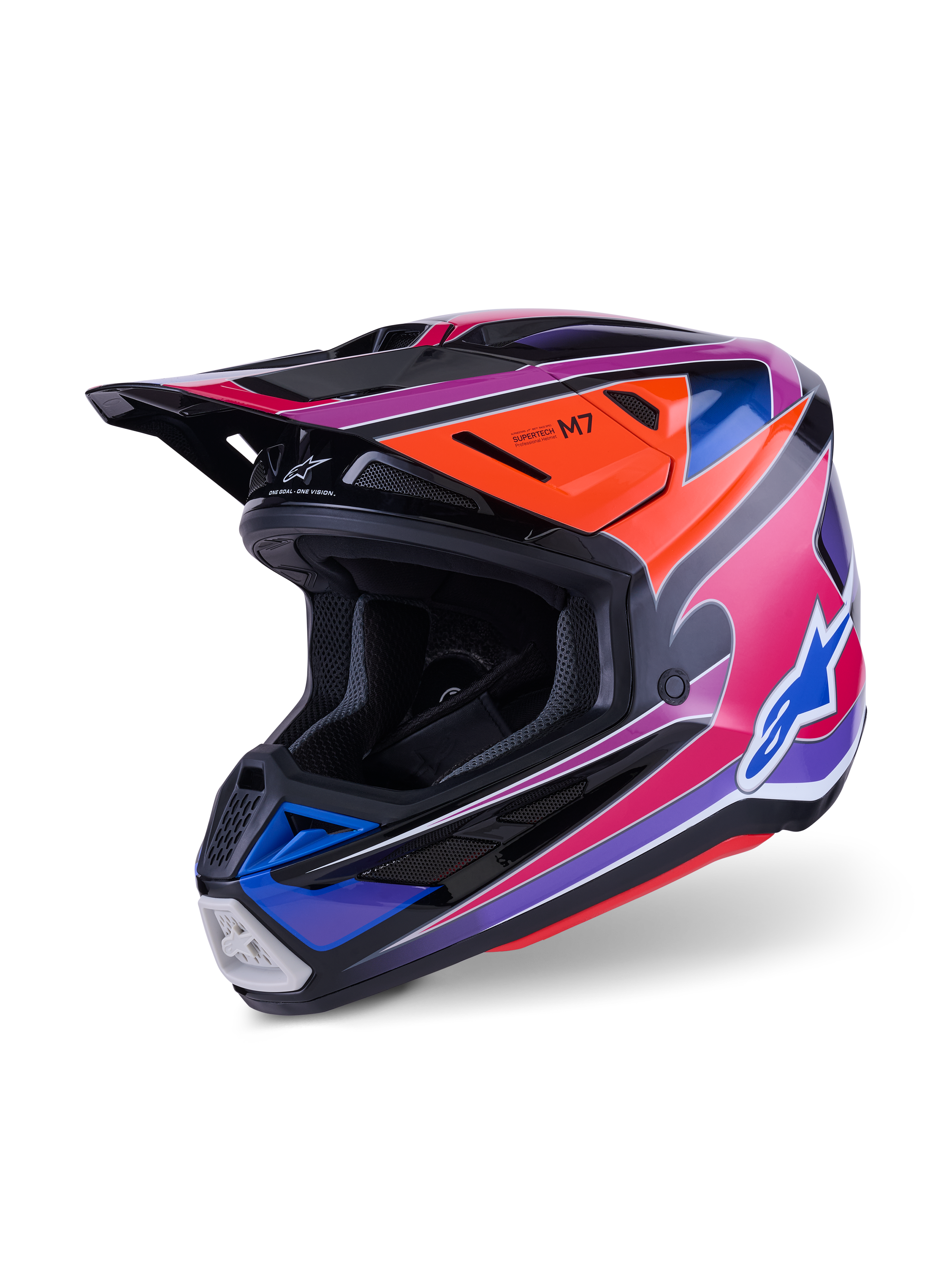 Casco Alpinestars S-M7 Fuse, casco de motocross, azul, púrpura y rosa brillante, con gráficos multicolores vibrantes y detalles en naranja y negro, diseño de calota aerodinámica con múltiples tomas de aire, equipo profesional de competición off-road