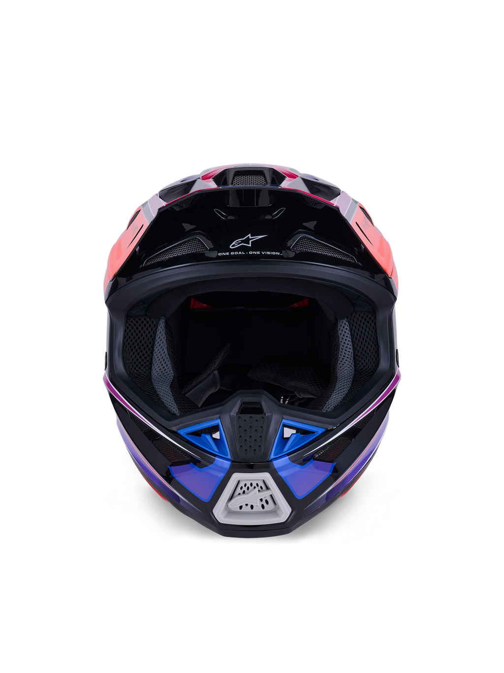 Casco Alpinestars S-M7 Fuse, casco de motocross, azul, púrpura y rosa brillante, vista frontal que muestra la apertura para las gafas y la mentonera ventilada, con detalles negros y el logotipo de Alpinestars, diseño aerodinámico para competición todoterreno
