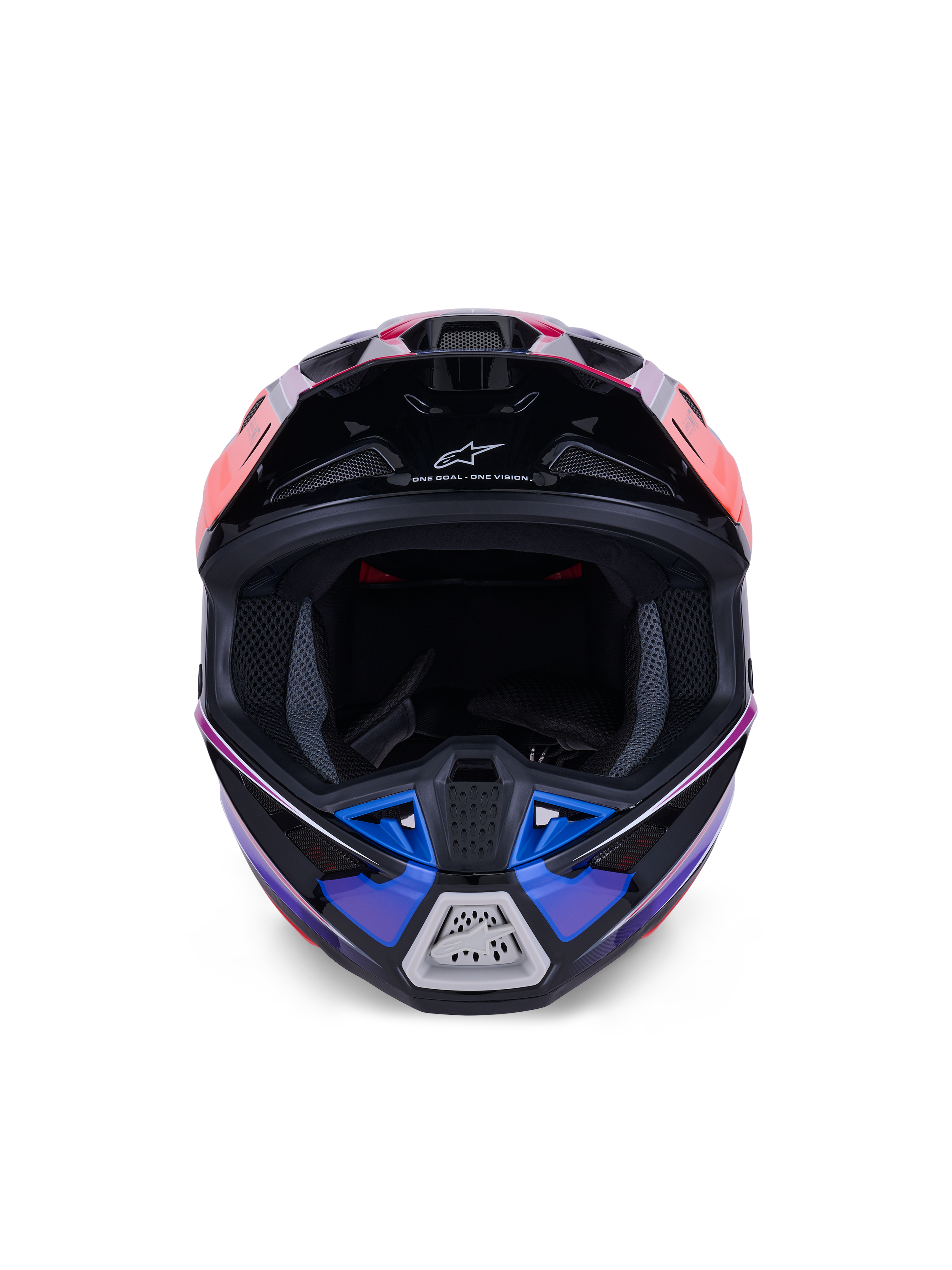 Casco Alpinestars S-M7 Fuse, casco de motocross, azul, púrpura y rosa brillante, vista frontal que muestra la apertura para las gafas y la mentonera ventilada, con detalles negros y el logotipo de Alpinestars, diseño aerodinámico para competición todoterreno