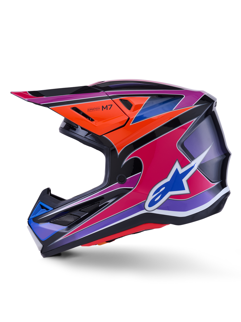 Casco Alpinestars S-M7 Fuse, casco de motocross, azul, morado, rosa y naranja brillante, diseño gráfico multicolor vibrante con logo de Alpinestars azul, calota de compuesto aerodinámico con visera protectora y puertos de ventilación, equipo profesional de carreras off-road