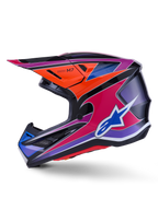 Casco Alpinestars S-M7 Fuse, casco de motocross, azul, morado, rosa y naranja brillante, diseño gráfico multicolor vibrante con logo de Alpinestars azul, calota de compuesto aerodinámico con visera protectora y puertos de ventilación, equipo profesional de carreras off-road