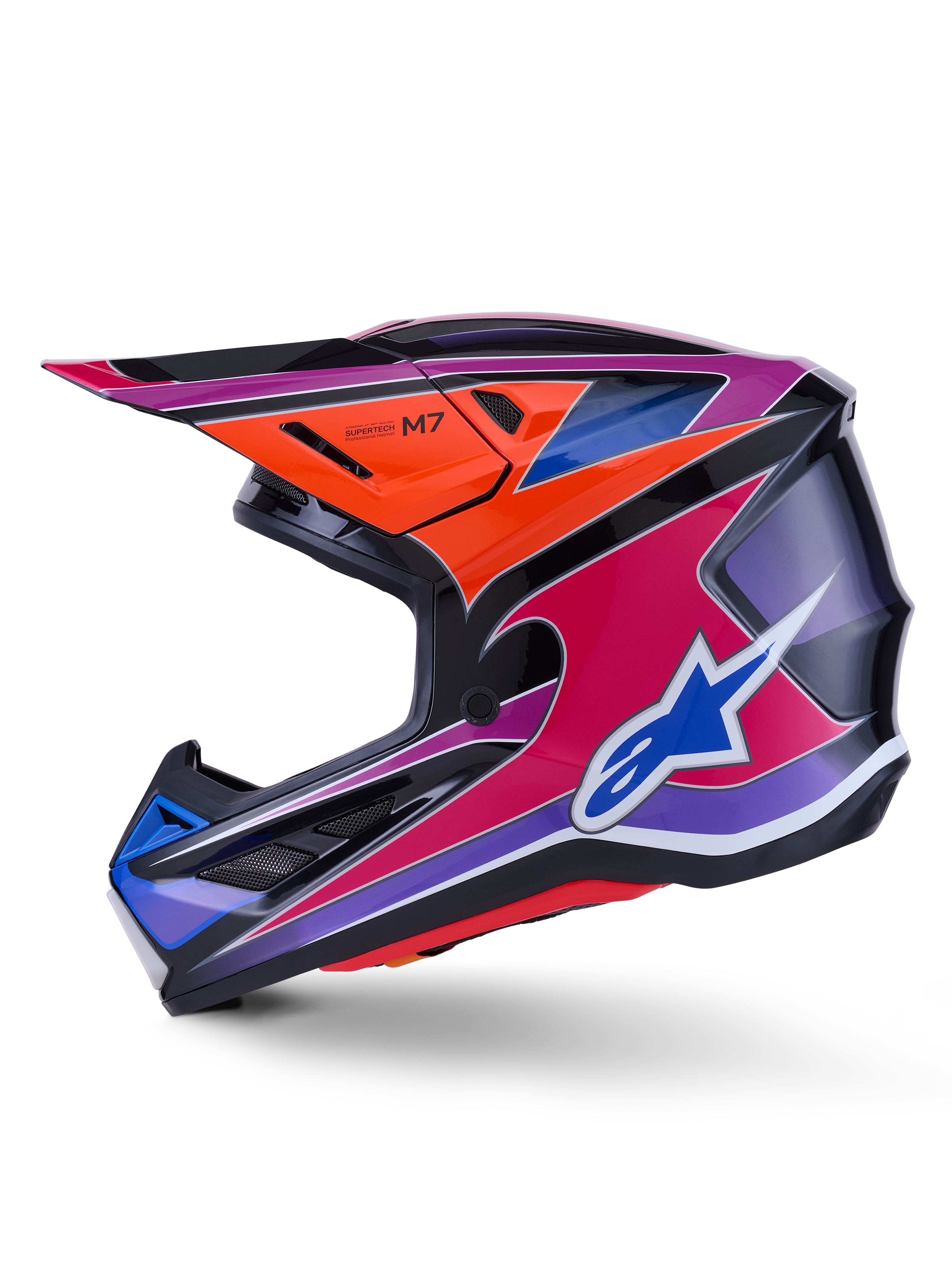 Casco Alpinestars S-M7 Fuse, casco de motocross, azul, morado, rosa y naranja brillante, diseño gráfico multicolor vibrante con logo de Alpinestars azul, calota de compuesto aerodinámico con visera protectora y puertos de ventilación, equipo profesional de carreras off-road