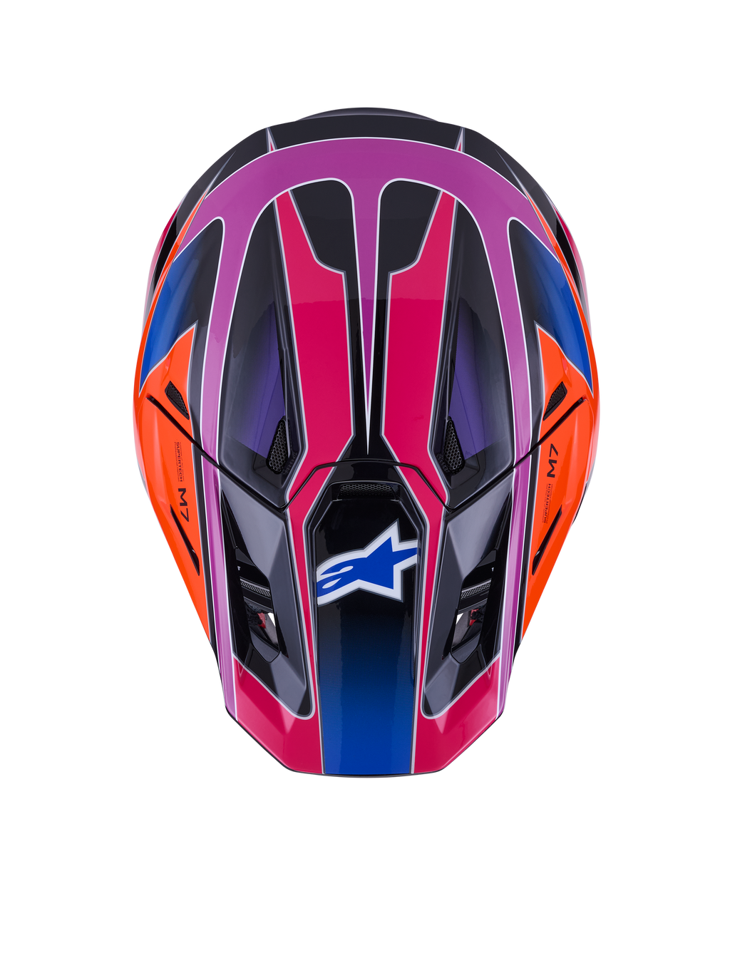 Casco Alpinestars S-M7 Fuse, vista superior, color Azul Púrpura Rosa Brillante con detalles en naranja y negro, diseño geométrico vibrante, calota aerodinámica con puertos de ventilación y logo de Alpinestars en la visera, equipo de protección para motocross