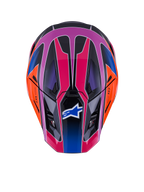 Casco Alpinestars S-M7 Fuse, vista superior, color Azul Púrpura Rosa Brillante con detalles en naranja y negro, diseño geométrico vibrante, calota aerodinámica con puertos de ventilación y logo de Alpinestars en la visera, equipo de protección para motocross