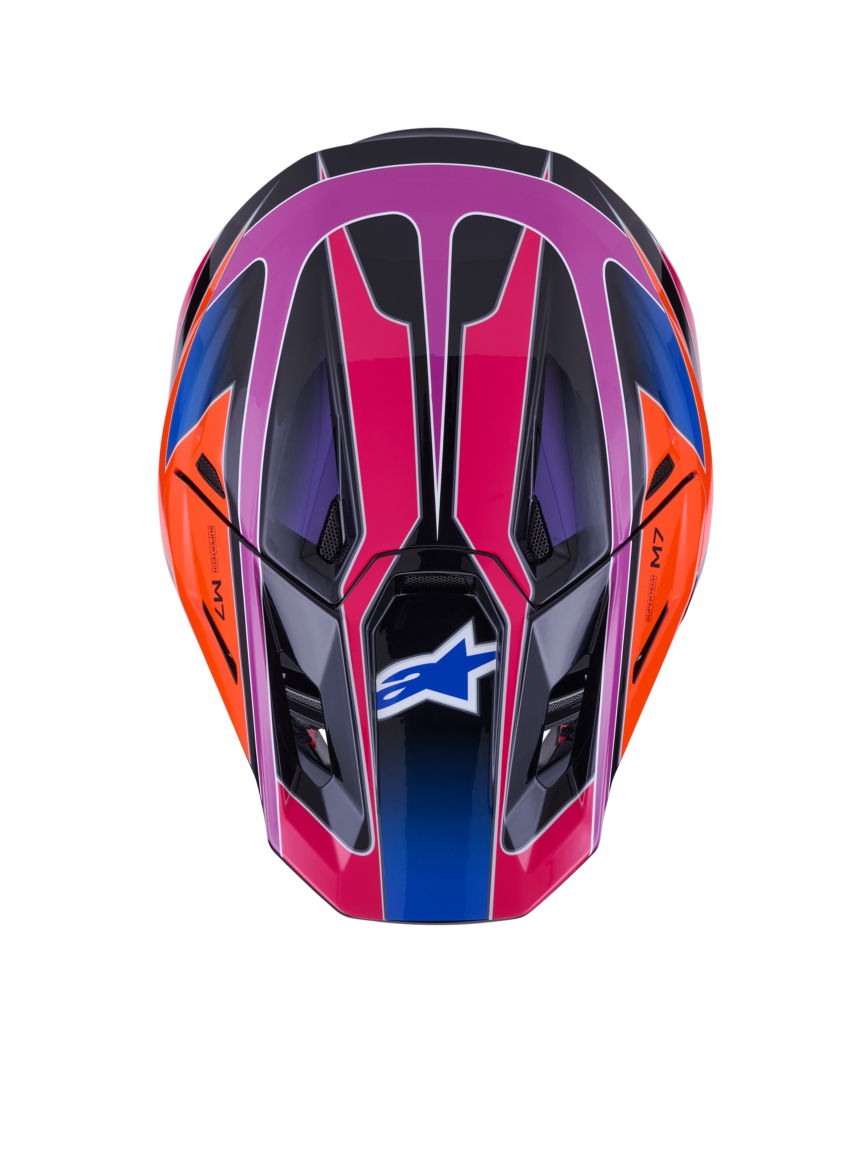 Casco Alpinestars S-M7 Fuse, vista superior, color Azul Púrpura Rosa Brillante con detalles en naranja y negro, diseño geométrico vibrante, calota aerodinámica con puertos de ventilación y logo de Alpinestars en la visera, equipo de protección para motocross