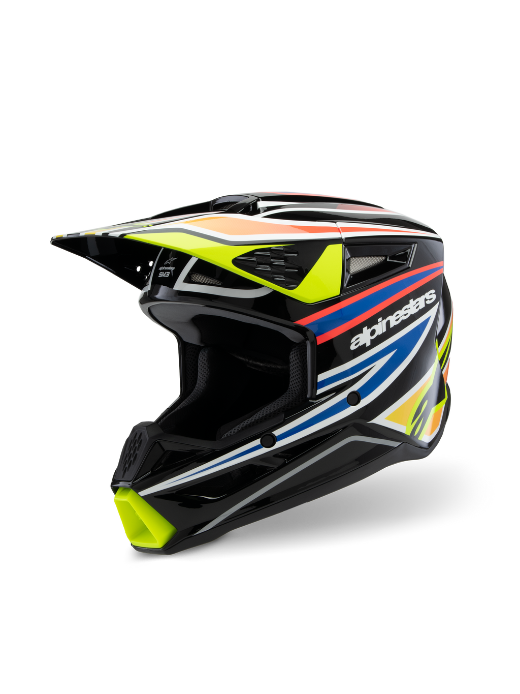 Casco Alpinestars S-M3 Youth Wurx ECE 22.06, casco de motocross, negro brillante con gráficos de carreras en amarillo fluorescente, azul y rojo anaranjado, vista de tres cuartos que destaca la calota aerodinámica con múltiples entradas y salidas de aire, equipo de protección off-road para pilotos jóvenes