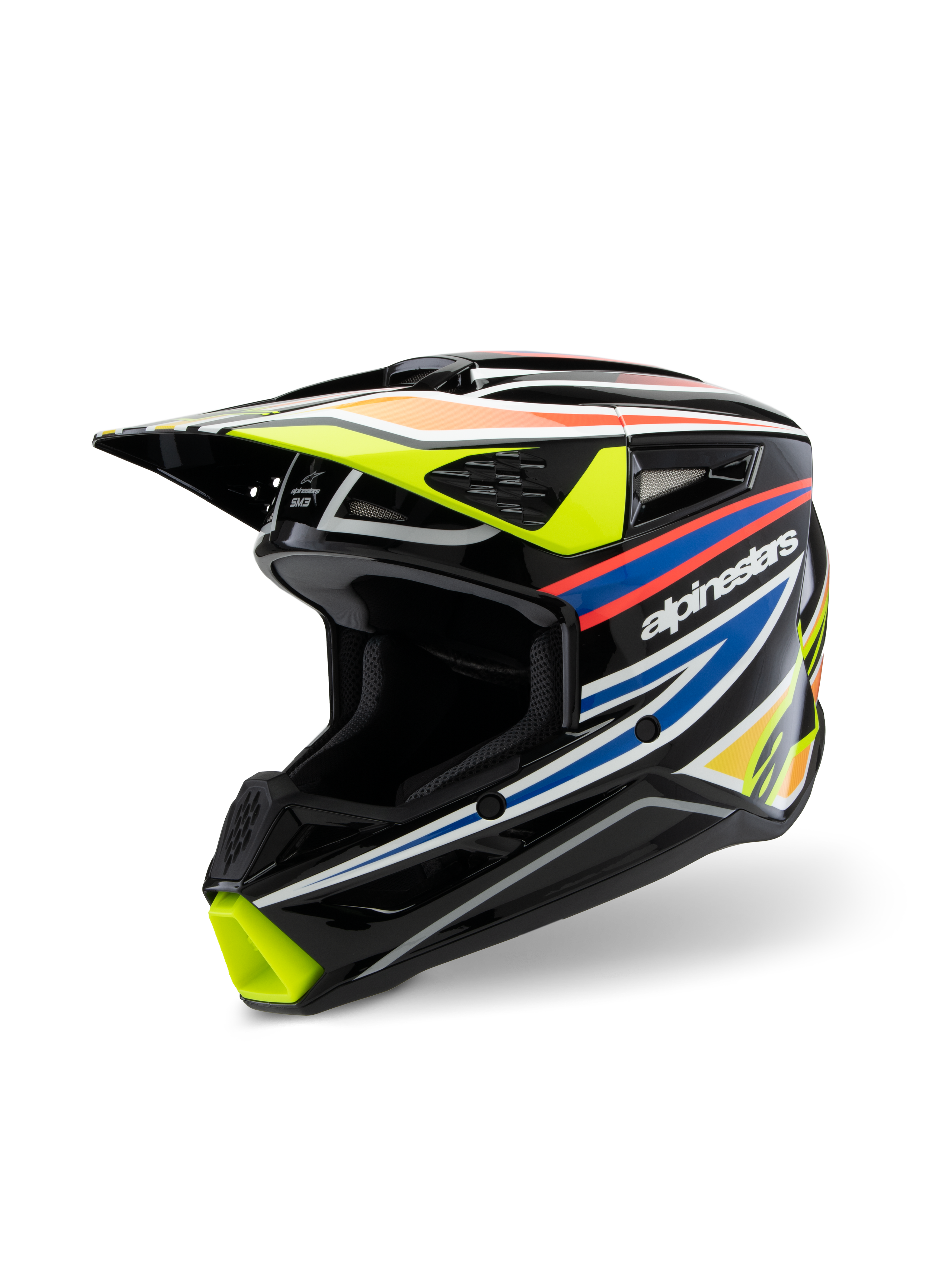 Casco Alpinestars S-M3 Youth Wurx ECE 22.06, casco de motocross, negro brillante con gráficos de carreras en amarillo fluorescente, azul y rojo anaranjado, vista de tres cuartos que destaca la calota aerodinámica con múltiples entradas y salidas de aire, equipo de protección off-road para pilotos jóvenes