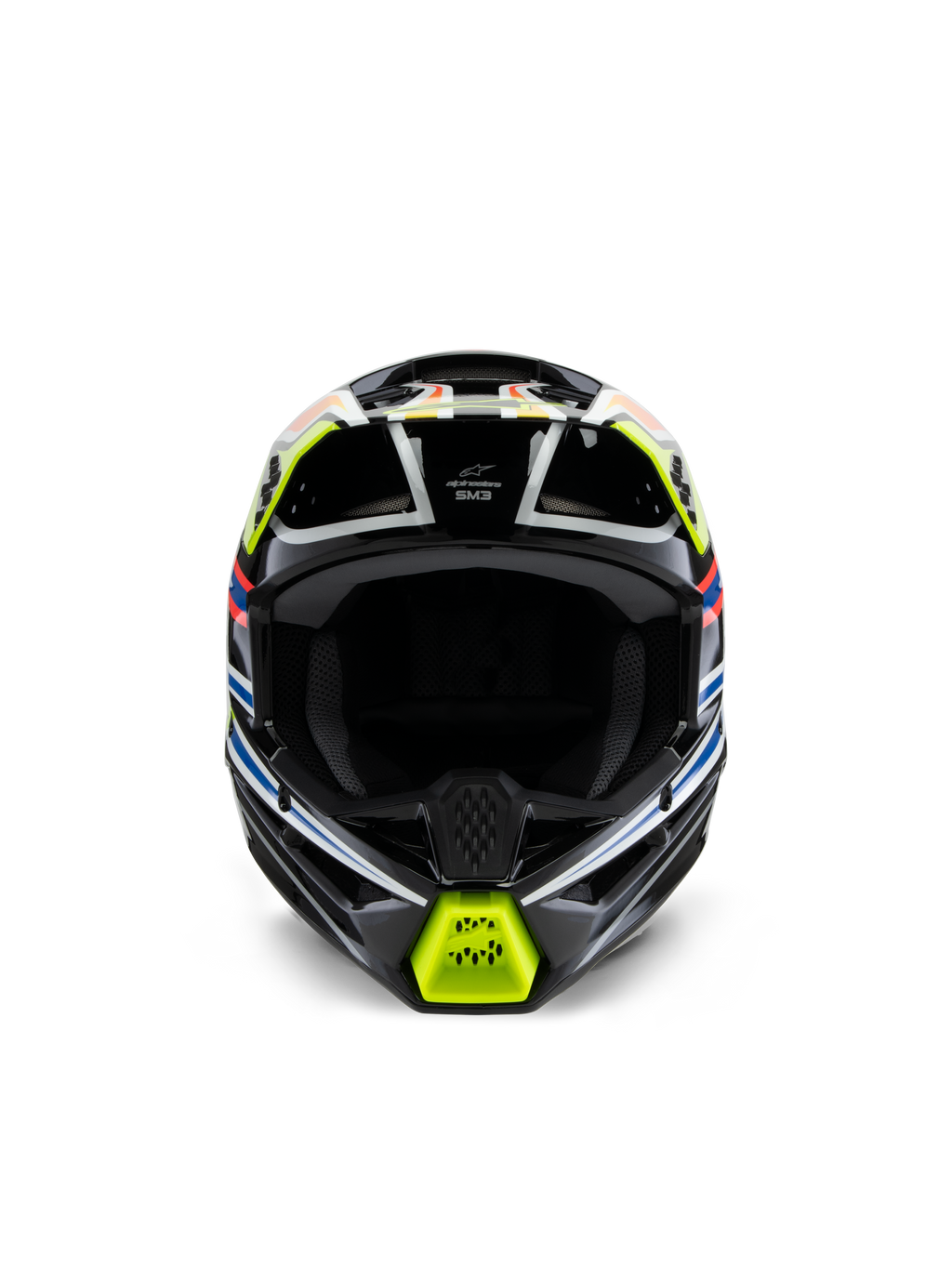 Casco Alpinestars S-M3 Youth Wurx, vista frontal, negro con detalles en amarillo fluorescente, azul y rojo, equipo de protección de motocross para jóvenes, con base negra y gráficos geométricos vibrantes, puertos de ventilación integrados y mentonera amarilla, estilo de carreras todoterreno