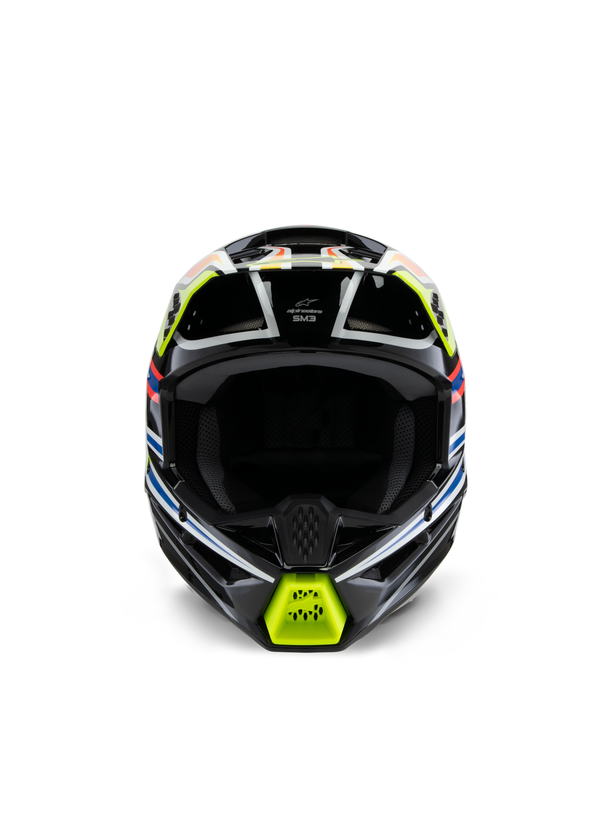 Casco Alpinestars S-M3 Youth Wurx, vista frontal, negro con detalles en amarillo fluorescente, azul y rojo, equipo de protección de motocross para jóvenes, con base negra y gráficos geométricos vibrantes, puertos de ventilación integrados y mentonera amarilla, estilo de carreras todoterreno