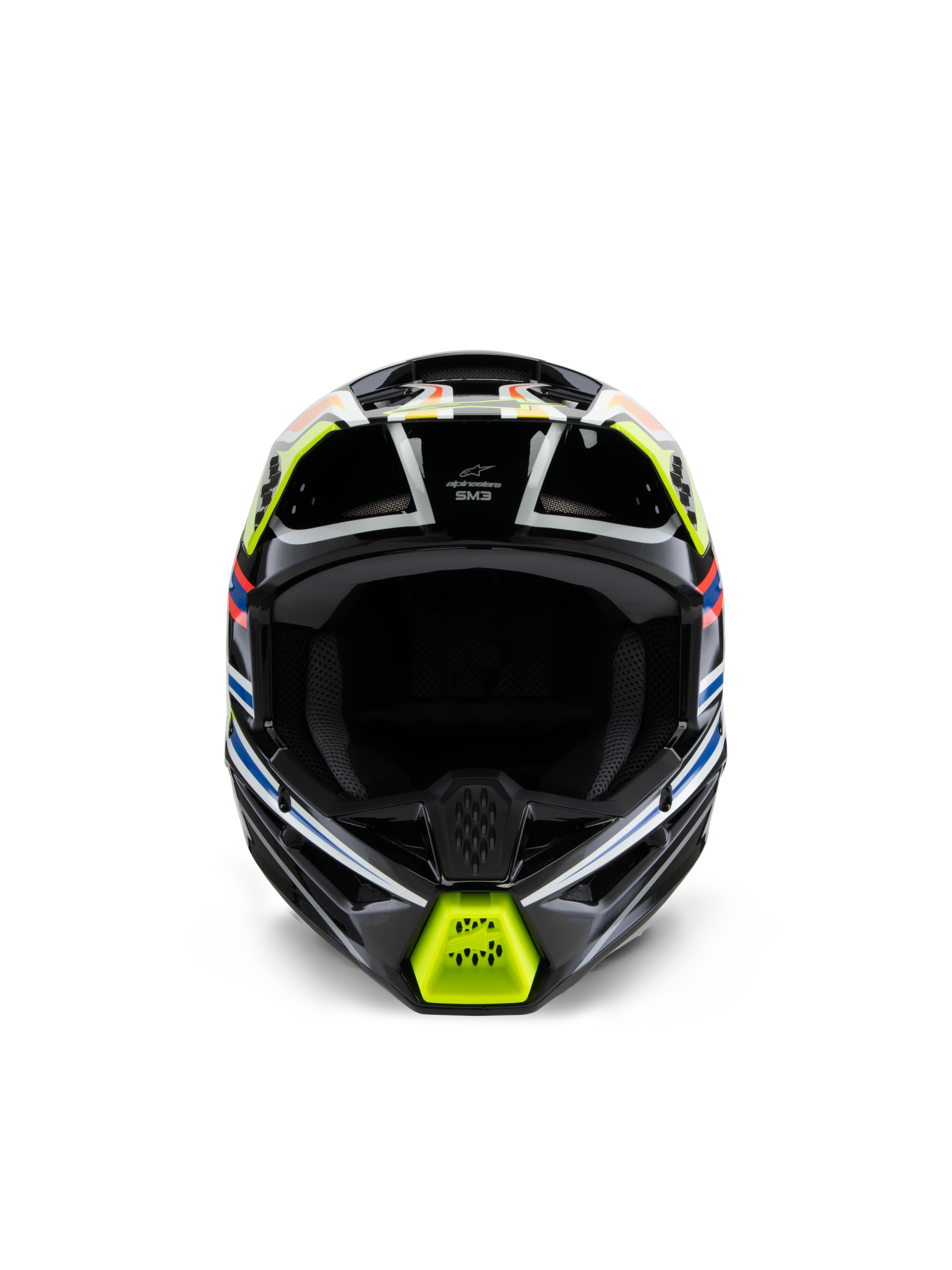 Casco Alpinestars S-M3 Youth Wurx, vista frontal, negro con detalles en amarillo fluorescente, azul y rojo, equipo de protección de motocross para jóvenes, con base negra y gráficos geométricos vibrantes, puertos de ventilación integrados y mentonera amarilla, estilo de carreras todoterreno