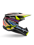 Casco Alpinestars S-M3 Youth Wurx, casco de motocross juvenil, negro con franjas gráficas amarillas, azules, rojas y naranjas, perfil lateral con visera aerodinámica y acabado brillante, con logotipo blanco de Alpinestars y gráfico de estrella amarilla