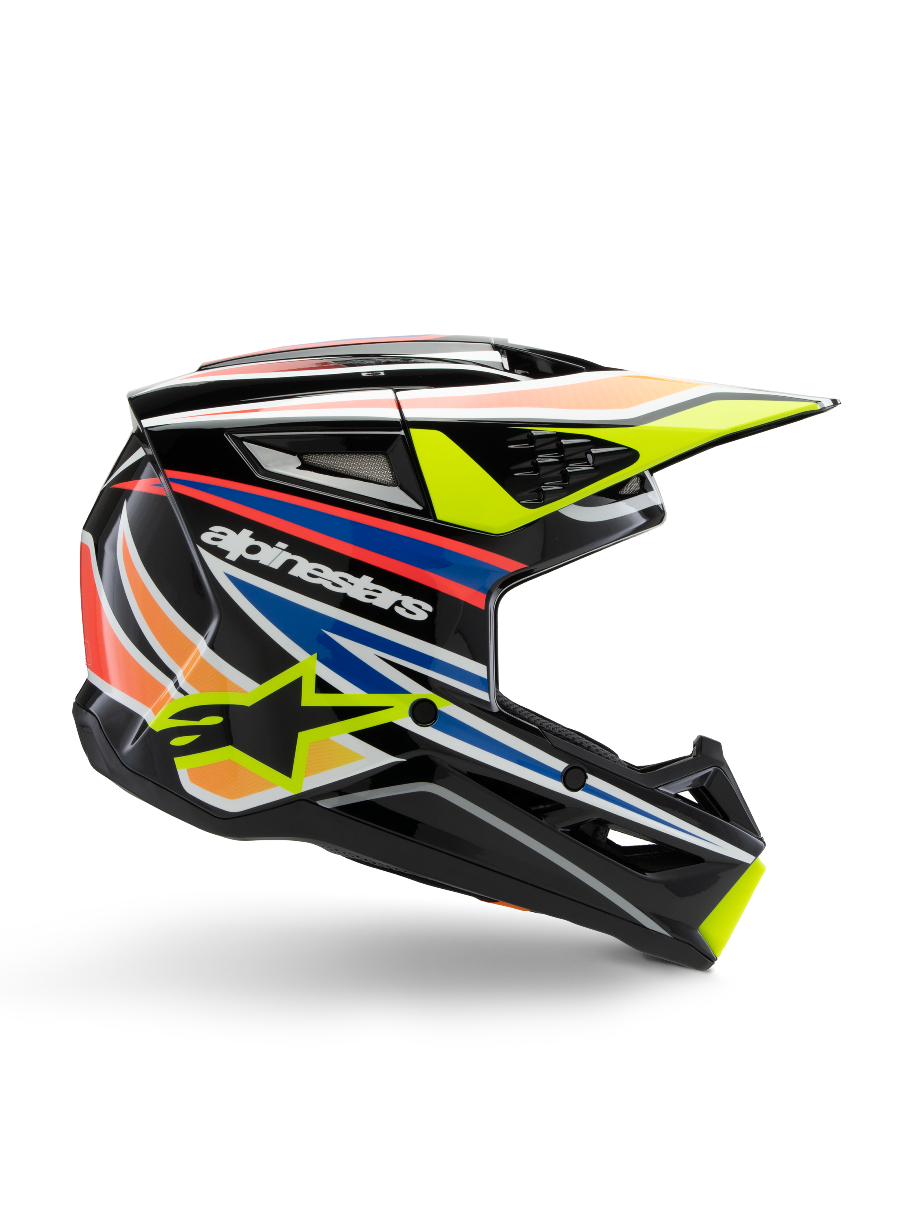 Casco Alpinestars S-M3 Youth Wurx, casco de motocross juvenil, negro con franjas gráficas amarillas, azules, rojas y naranjas, perfil lateral con visera aerodinámica y acabado brillante, con logotipo blanco de Alpinestars y gráfico de estrella amarilla