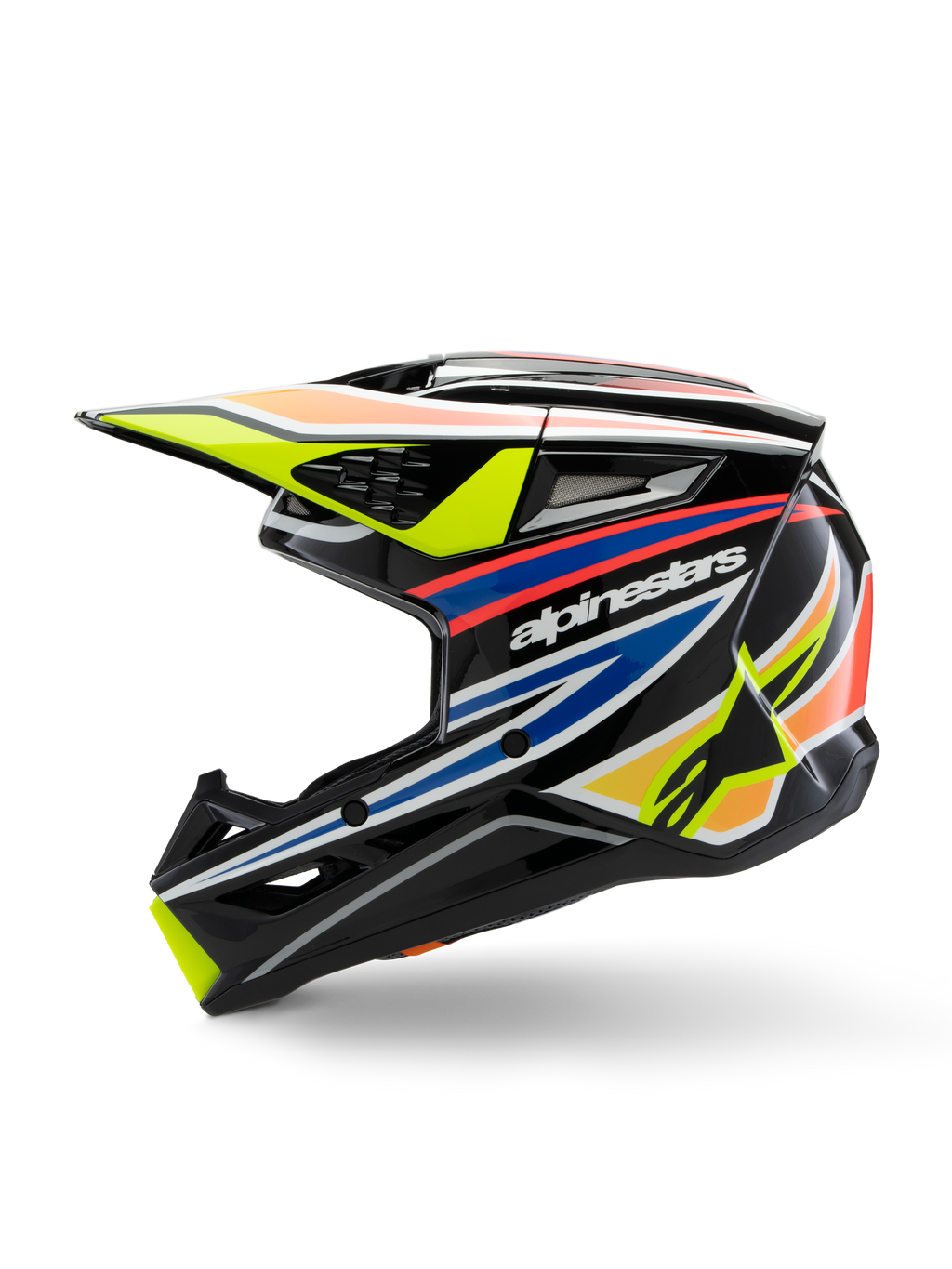 Casco Alpinestars S-M3 Youth Wurx, casco de motocross, negro con gráficos vibrantes en amarillo, azul y rojo, vista de perfil con el logotipo de Alpinestars, calota aerodinámica con múltiples puertos de ventilación y visera amarilla
