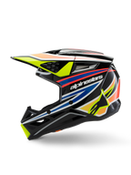 Casco Alpinestars S-M3 Youth Wurx, casco de motocross, negro con gráficos vibrantes en amarillo, azul y rojo, vista de perfil con el logotipo de Alpinestars, calota aerodinámica con múltiples puertos de ventilación y visera amarilla
