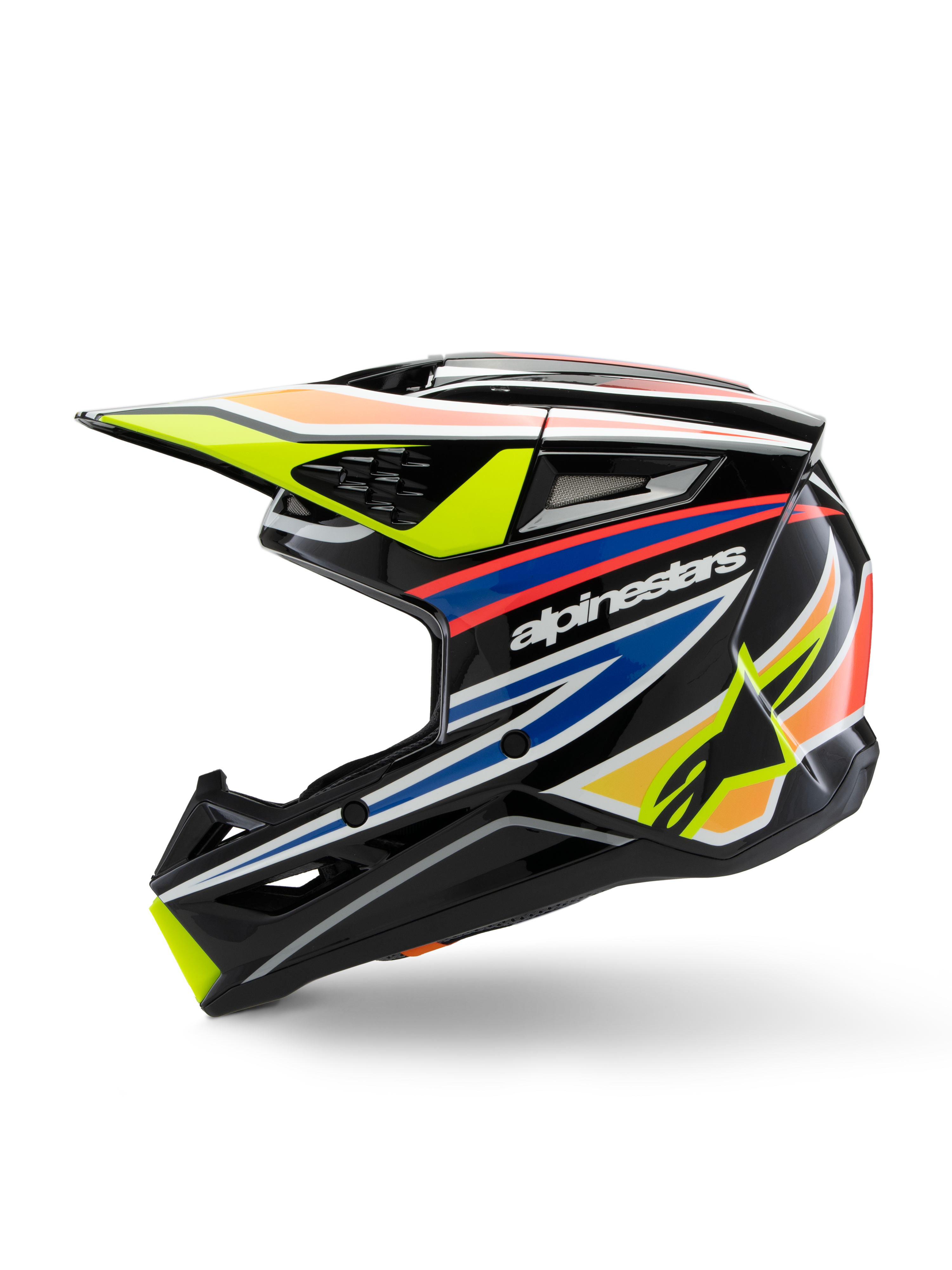 Casco Alpinestars S-M3 Youth Wurx, casco de motocross, negro con gráficos vibrantes en amarillo, azul y rojo, vista de perfil con el logotipo de Alpinestars, calota aerodinámica con múltiples puertos de ventilación y visera amarilla