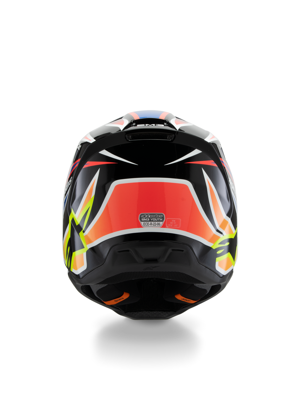Alpinestars S-M3 Youth Wurx Helmet ECE 22.06, casco de motocross, vista trasera, negro con gráficos en rojo, amarillo fluorescente y azul, con patrones angulares llamativos, logotipos de estrellas y adhesivo de certificación ECE 22.06, diseñado para competiciones todoterreno juveniles