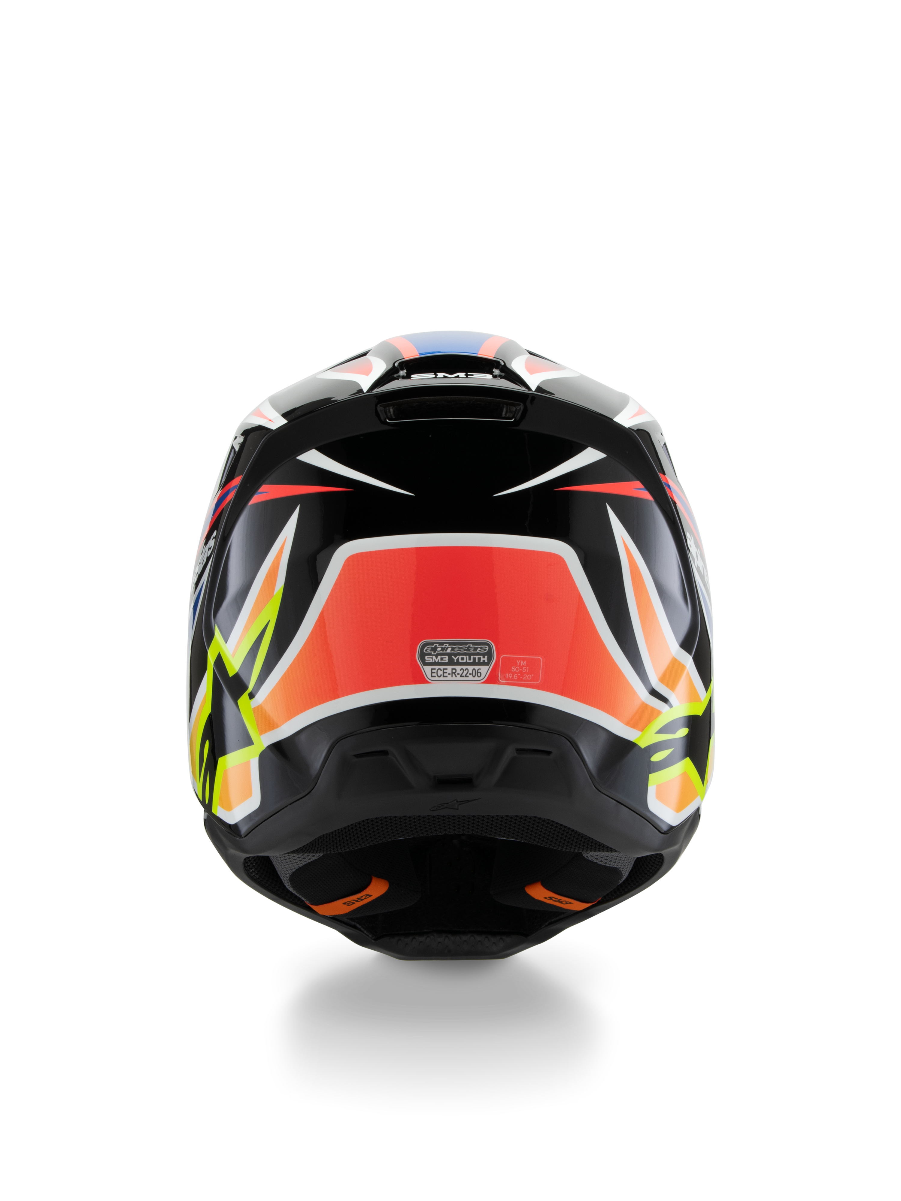 Alpinestars S-M3 Youth Wurx Helmet ECE 22.06, casco de motocross, vista trasera, negro con gráficos en rojo, amarillo fluorescente y azul, con patrones angulares llamativos, logotipos de estrellas y adhesivo de certificación ECE 22.06, diseñado para competiciones todoterreno juveniles