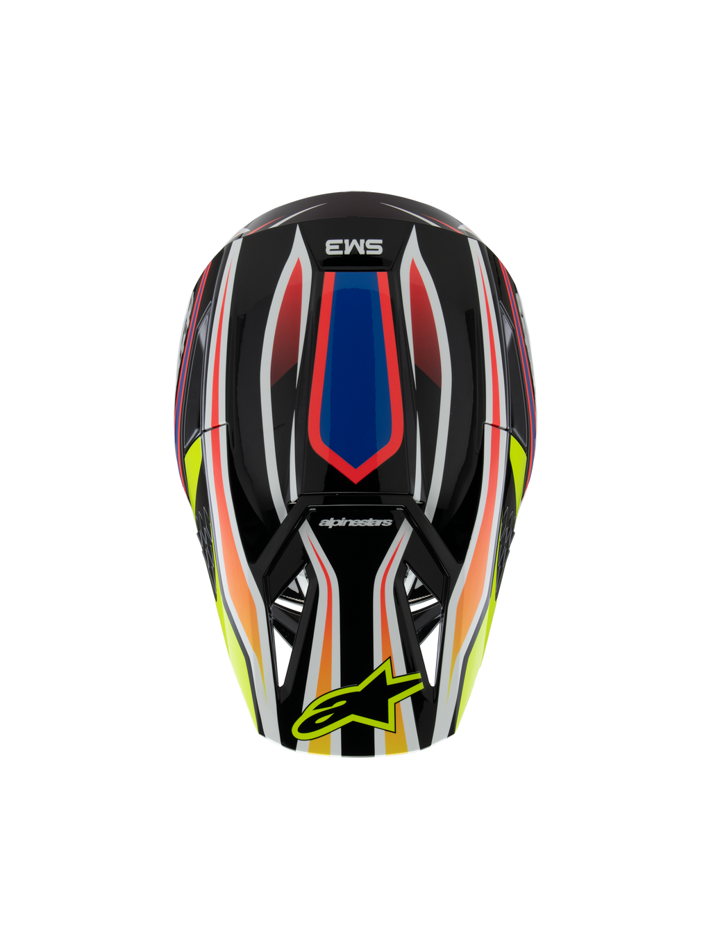 Casco Alpinestars S-M3 Youth Wurx ECE 22.06, casco de motocross, negro con gráficos vibrantes en rojo, azul y amarillo, vista superior con el logotipo SM3 y el logotipo amarillo de Alpinestars en la visera, equipo de protección para off-road