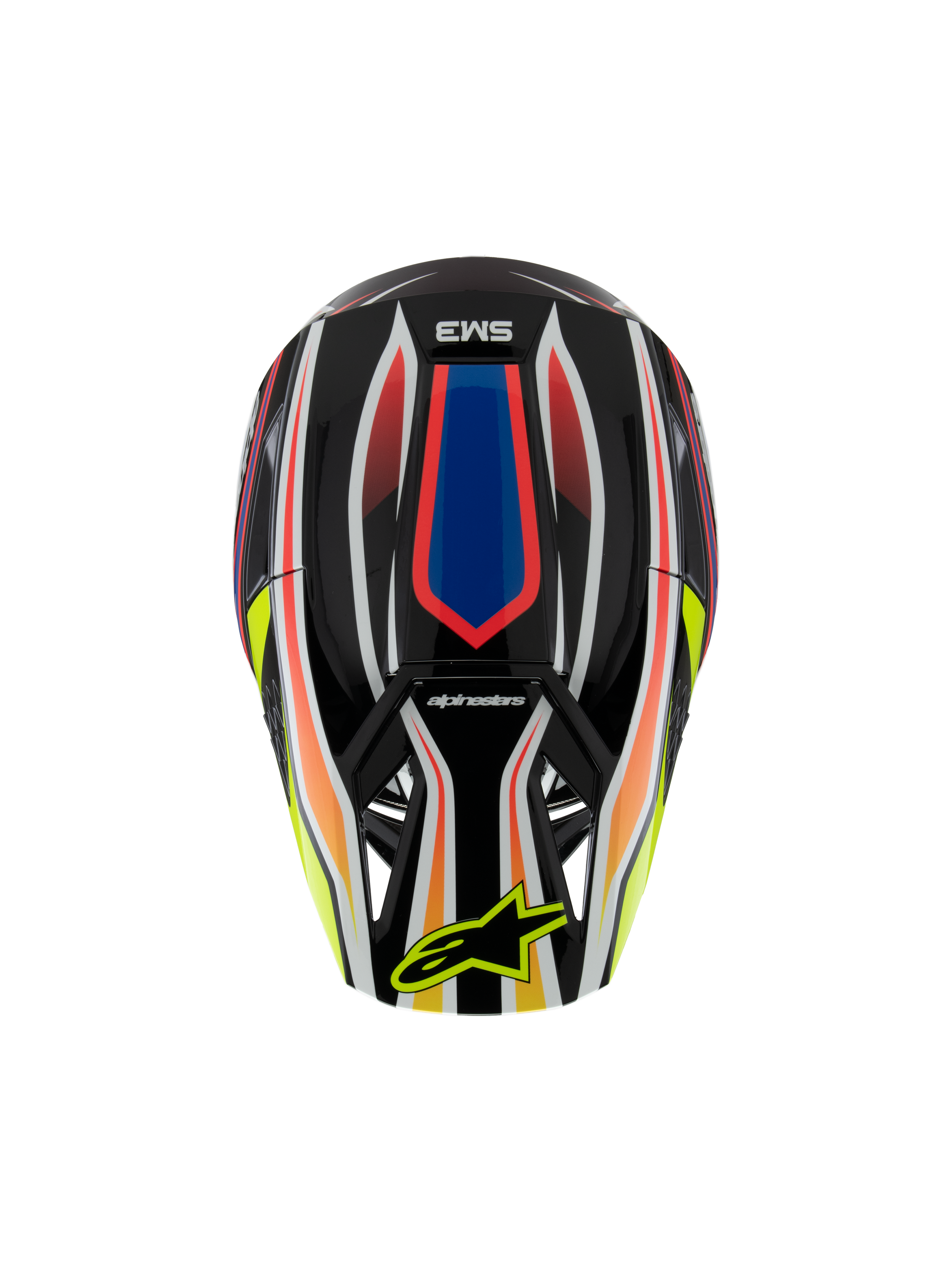 Casco Alpinestars S-M3 Youth Wurx ECE 22.06, casco de motocross, negro con gráficos vibrantes en rojo, azul y amarillo, vista superior con el logotipo SM3 y el logotipo amarillo de Alpinestars en la visera, equipo de protección para off-road