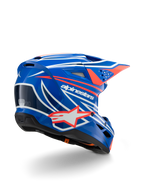 Alpinestars S-M3 Youth Wurx Helmet, Motocross Helmet, Glossy Blue with Red White and Black graphics, back three-quarter view showing aerodynamic shell, ventilation ports, and bold Alpinestars branding, protective headwear for off-road racing