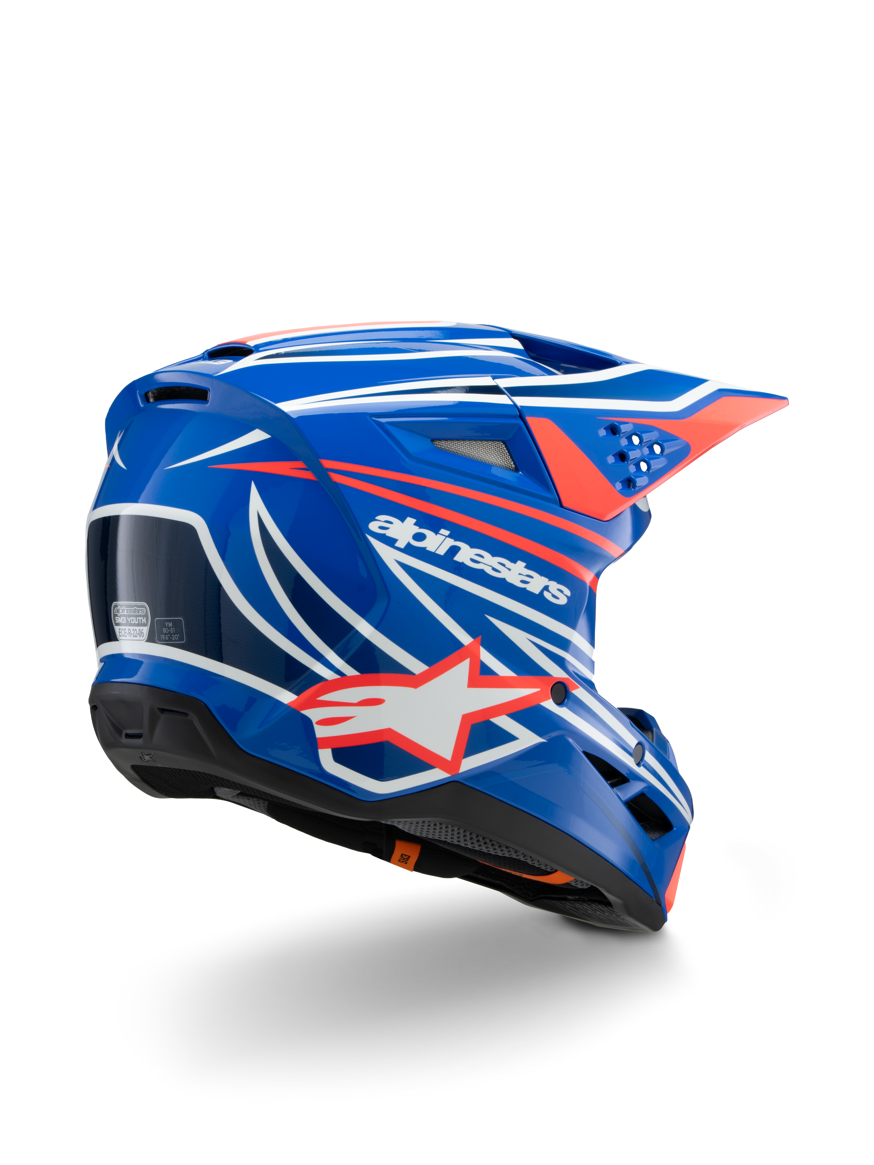 Alpinestars S-M3 Youth Wurx Helmet, Motocross Helmet, Glossy Blue with Red White and Black graphics, back three-quarter view showing aerodynamic shell, ventilation ports, and bold Alpinestars branding, protective headwear for off-road racing