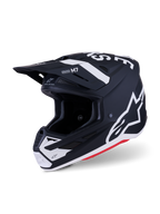 Alpinestars S-M7 Dasher Helmet, casco de motocross, negro y blanco mate con detalles en rojo, con logotipos y gráficos Alpinestars en blanco, calota compuesta aerodinámica con puertos de ventilación integrados y visera protectora.