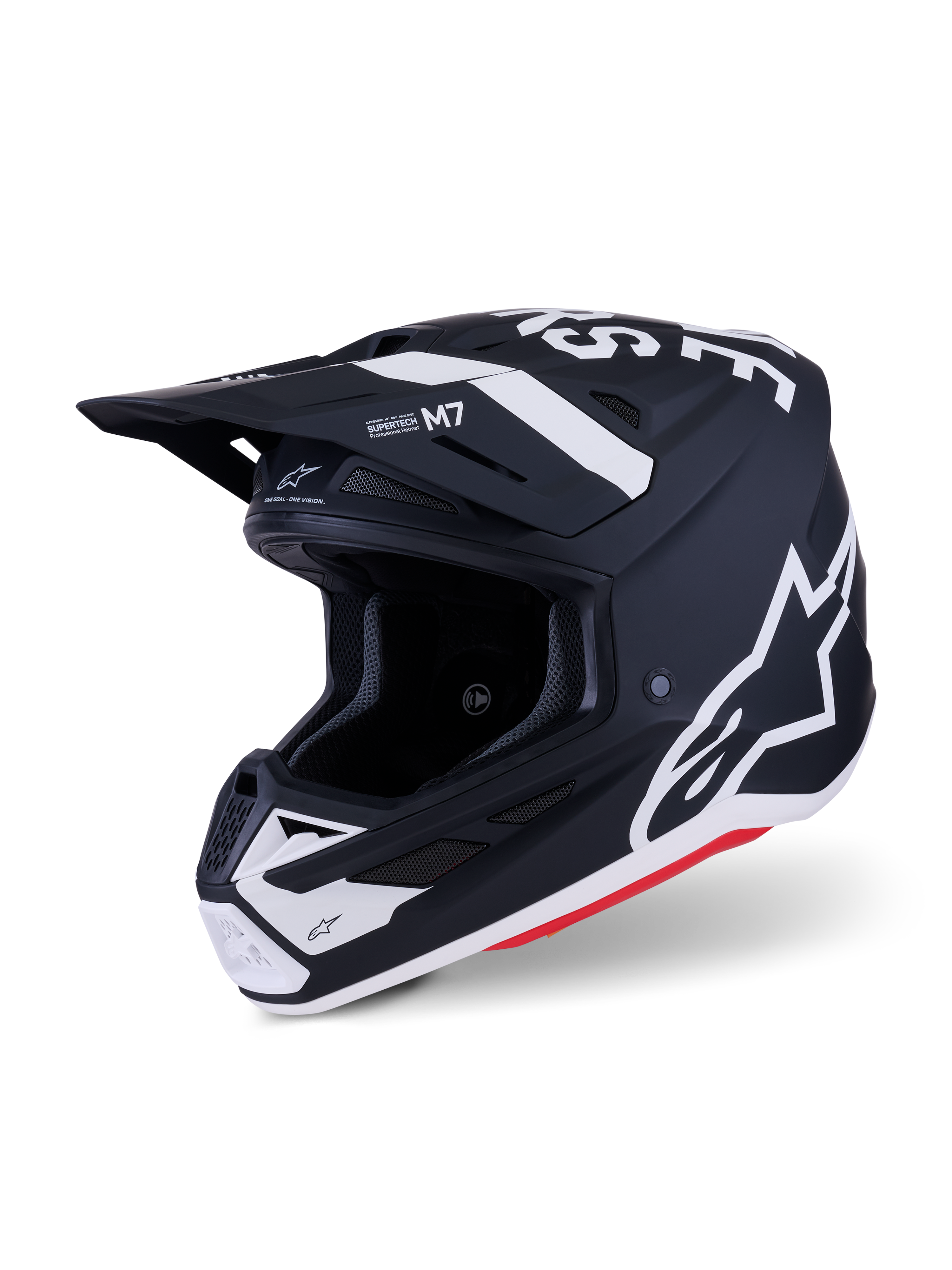 Alpinestars S-M7 Dasher Helmet, casco de motocross, negro y blanco mate con detalles en rojo, con logotipos y gráficos Alpinestars en blanco, calota compuesta aerodinámica con puertos de ventilación integrados y visera protectora.