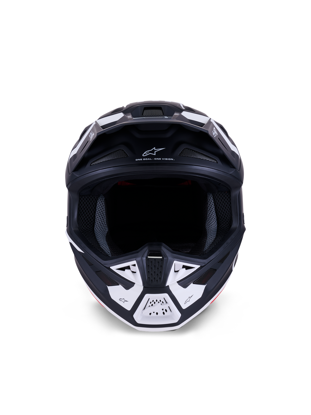 Alpinestars S-M7 Dasher Helmet ECE 22.06, casco de motocross, negro mate y blanco, vista frontal que muestra los puertos de ventilación y gráficos geométricos, incluye el texto "ONE GOAL - ONE VISION", protección profesional para carreras off-road