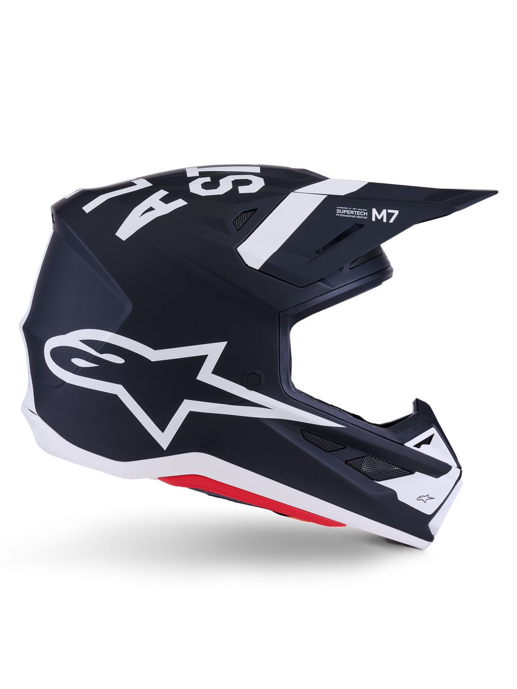 Casco Alpinestars S-M7 Dasher, casco de motocross, negro y blanco mate con detalles en rojo, con el gran logotipo de la estrella de Alpinestars en el lateral, visera aerodinámica y puertos de ventilación, acabado mate, certificado ECE 22.06 para competiciones off-road