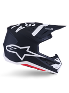 Casco Alpinestars S-M7 Dasher, casco de motocross, negro y blanco mate con detalles en rojo, con el gran logotipo de la estrella de Alpinestars en el lateral, visera aerodinámica y puertos de ventilación, acabado mate, certificado ECE 22.06 para competiciones off-road