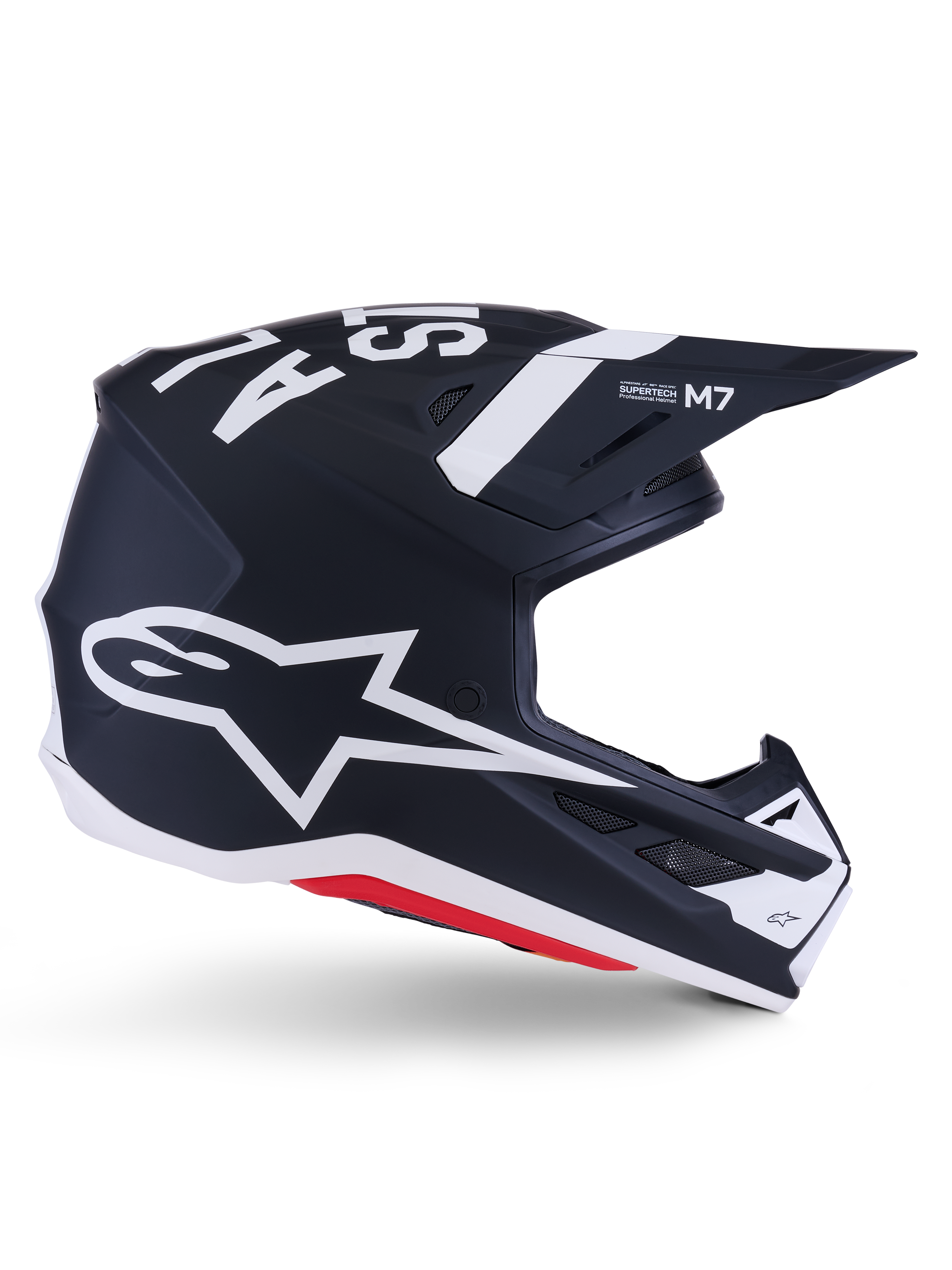 Casco Alpinestars S-M7 Dasher, casco de motocross, negro y blanco mate con detalles en rojo, con el gran logotipo de la estrella de Alpinestars en el lateral, visera aerodinámica y puertos de ventilación, acabado mate, certificado ECE 22.06 para competiciones off-road