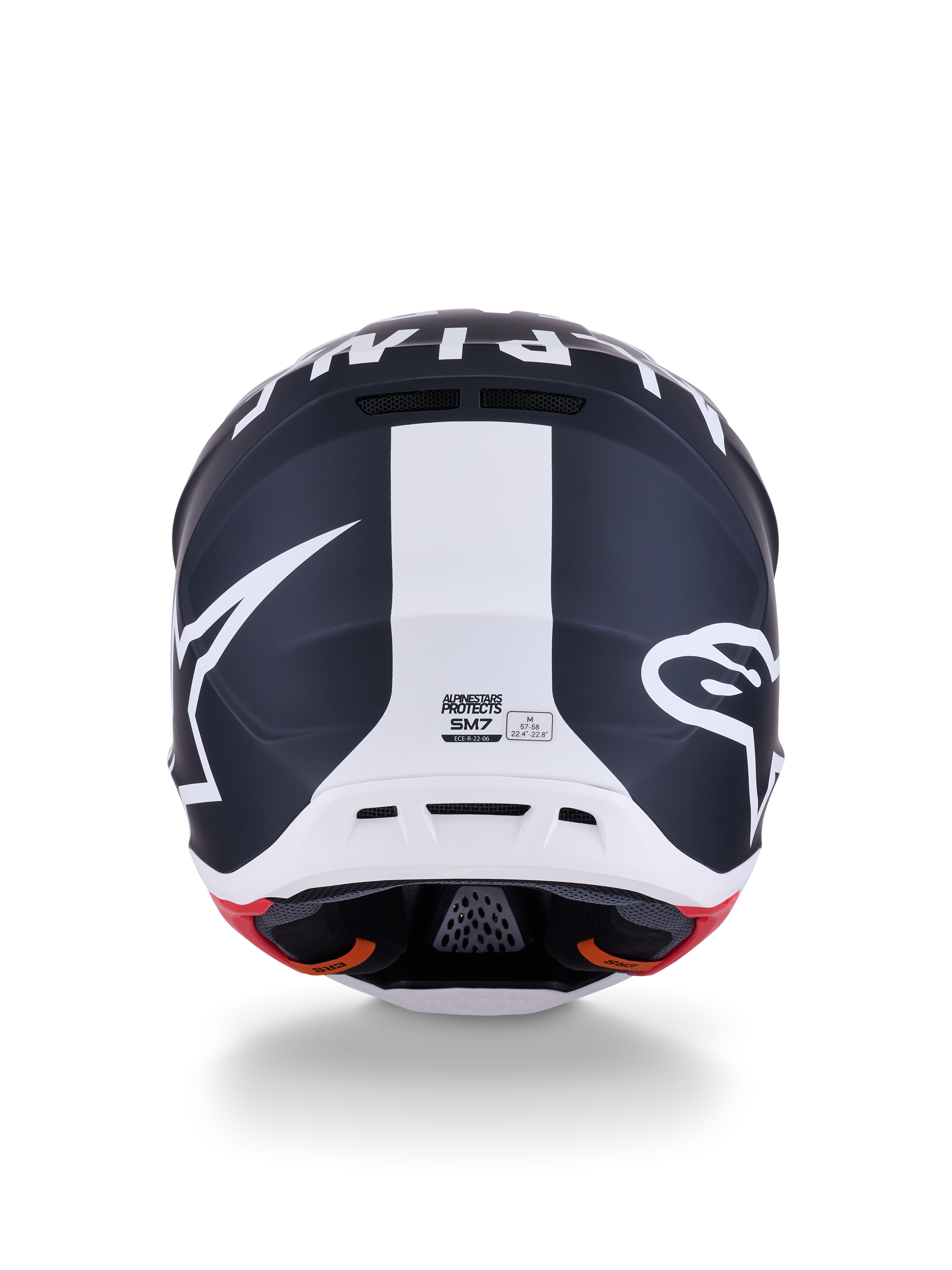 Casco Alpinestars S-M7 Dasher, casco de motocross, negro mate y blanco con detalles en rojo, vista posterior con el llamativo logotipo de la estrella y una franja blanca central, diseño aerodinámico para carreras todoterreno