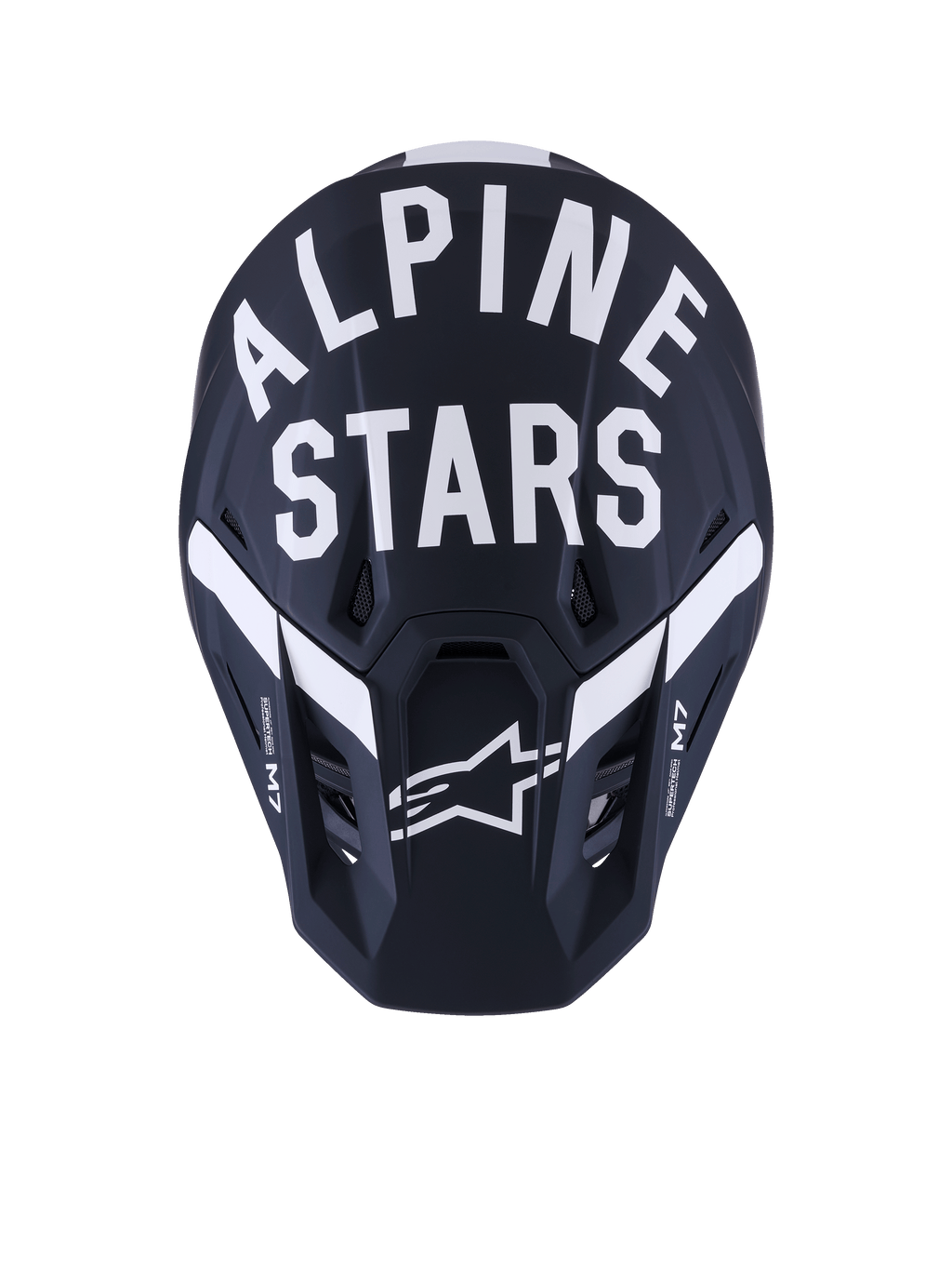 Casco Alpinestars S-M7 Dasher, casco de motocross, Negro Blanco Mate, vista frontal con el texto Alpinestars en blanco y el logotipo de la estrella, calota de compuesto con acabado mate y puertos de ventilación, equipo profesional de competición off-road
