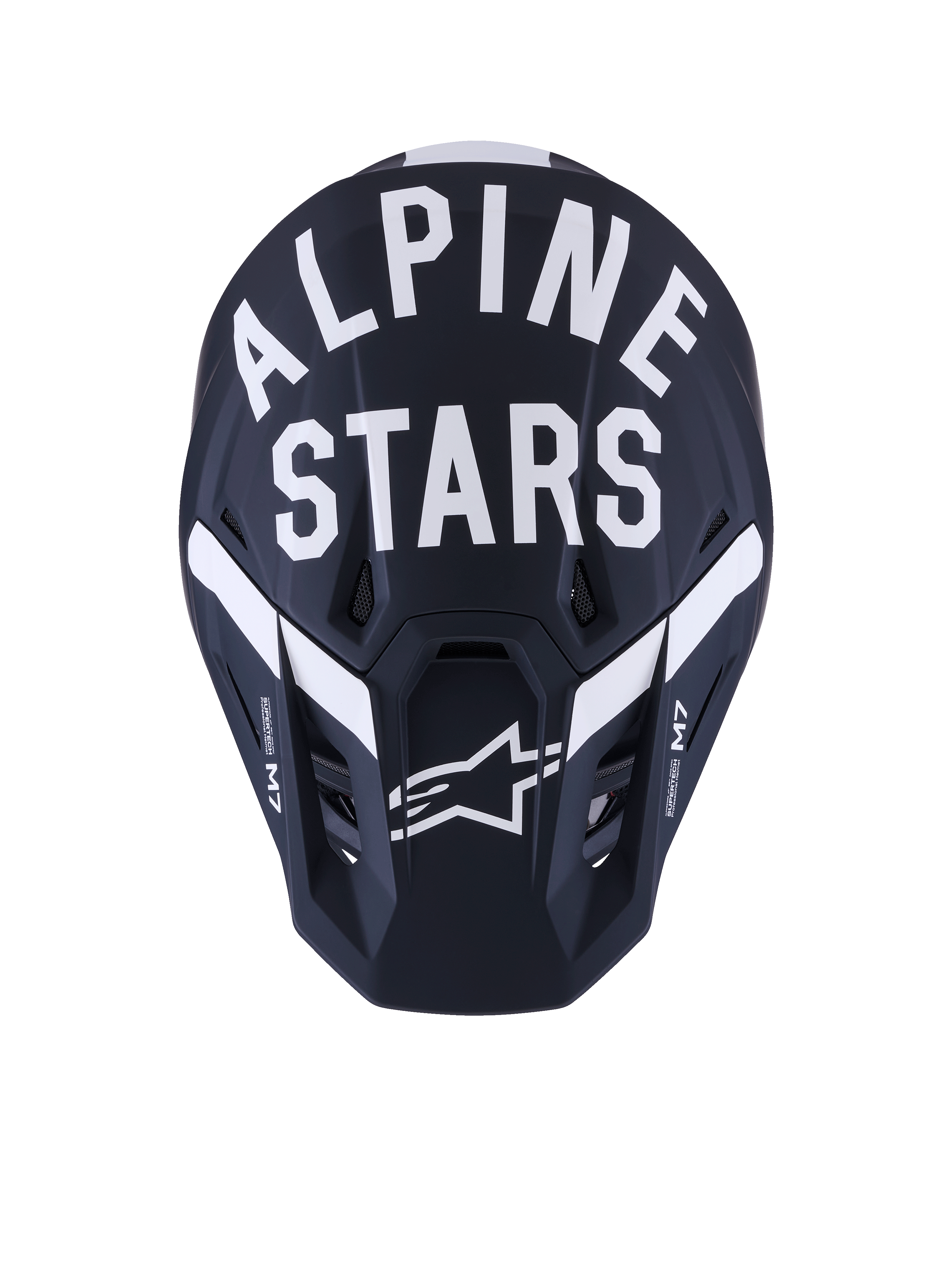 Casco Alpinestars S-M7 Dasher, casco de motocross, Negro Blanco Mate, vista frontal con el texto Alpinestars en blanco y el logotipo de la estrella, calota de compuesto con acabado mate y puertos de ventilación, equipo profesional de competición off-road