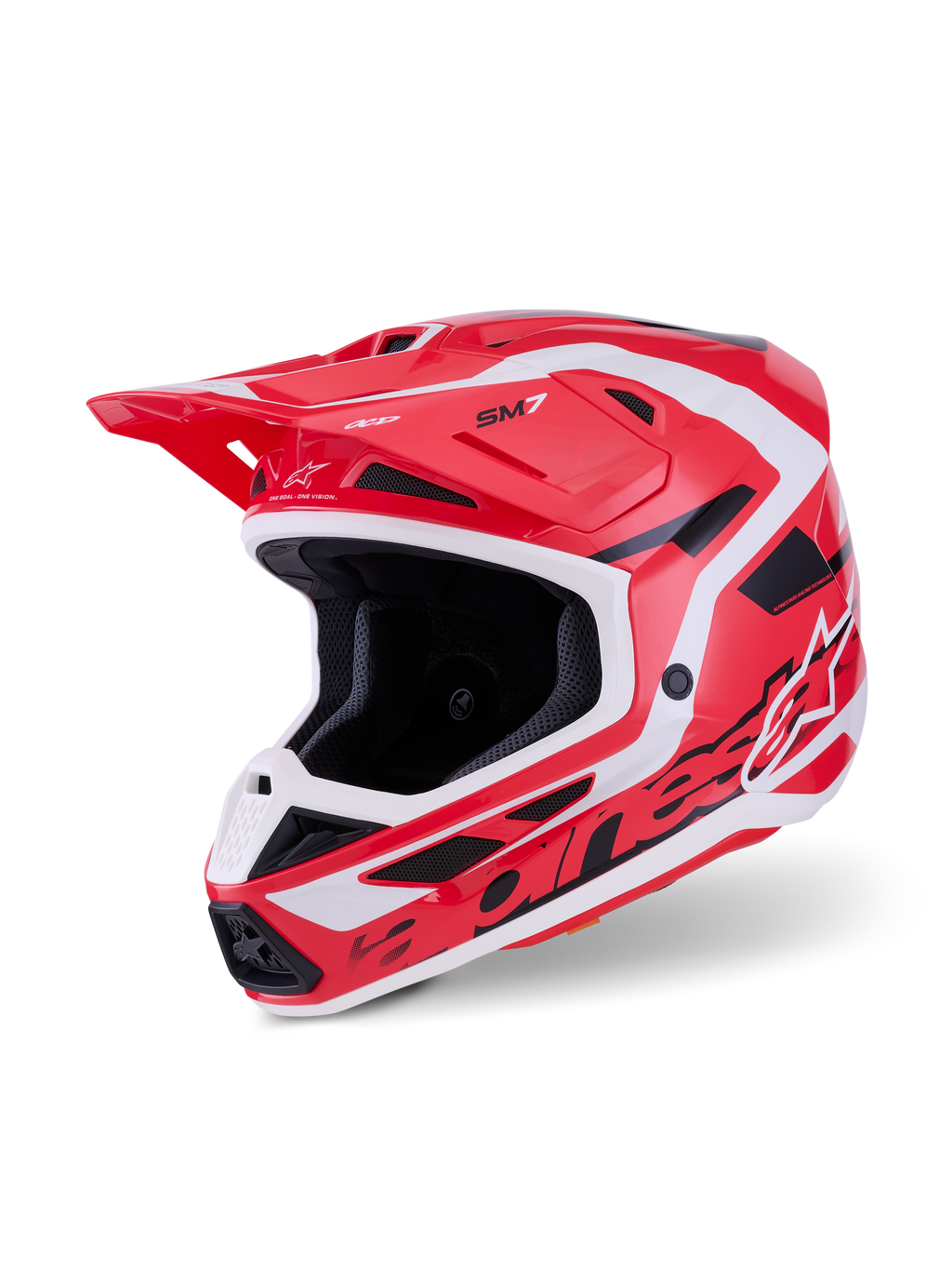 Casco Alpinestars S-M7 Deed, casco de motocross, rojo, negro y blanco brillante, con una calota aerodinámica elegante y logotipos llamativos, puertos de ventilación integrados y una visera protectora para carreras off-road